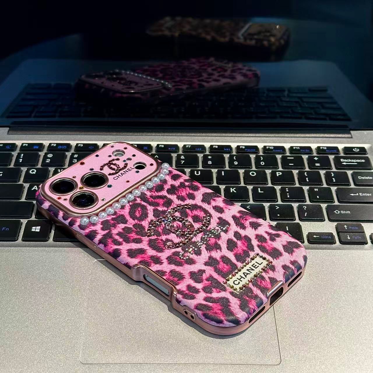 Leopard Print Rhinestone CC Logo Pearl Trim Luxury Shockproof iPhone Case With Crystal Wrist Chain