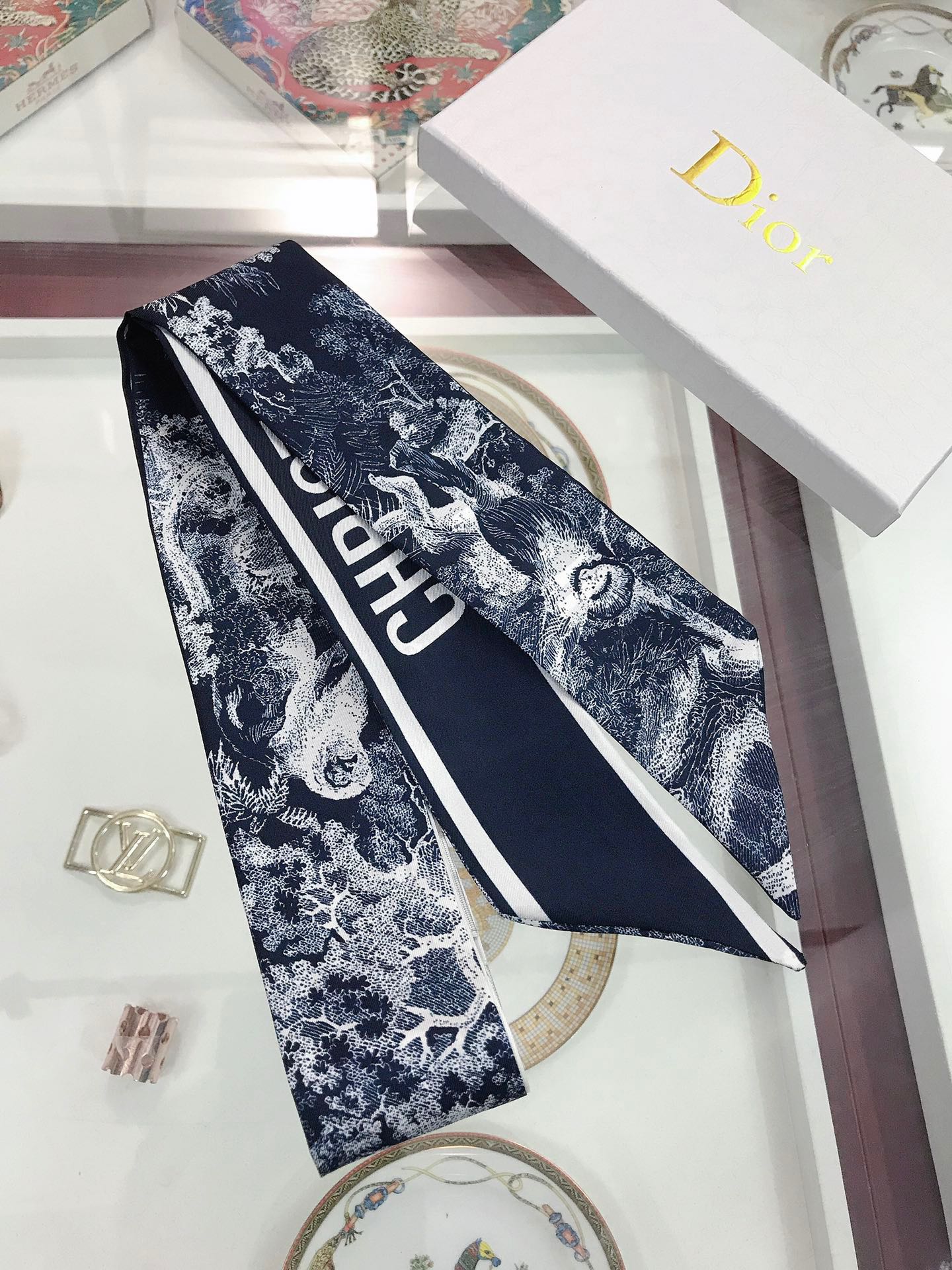Dior Toile Print Mitzah Scarf Navy 6 x 105 cm