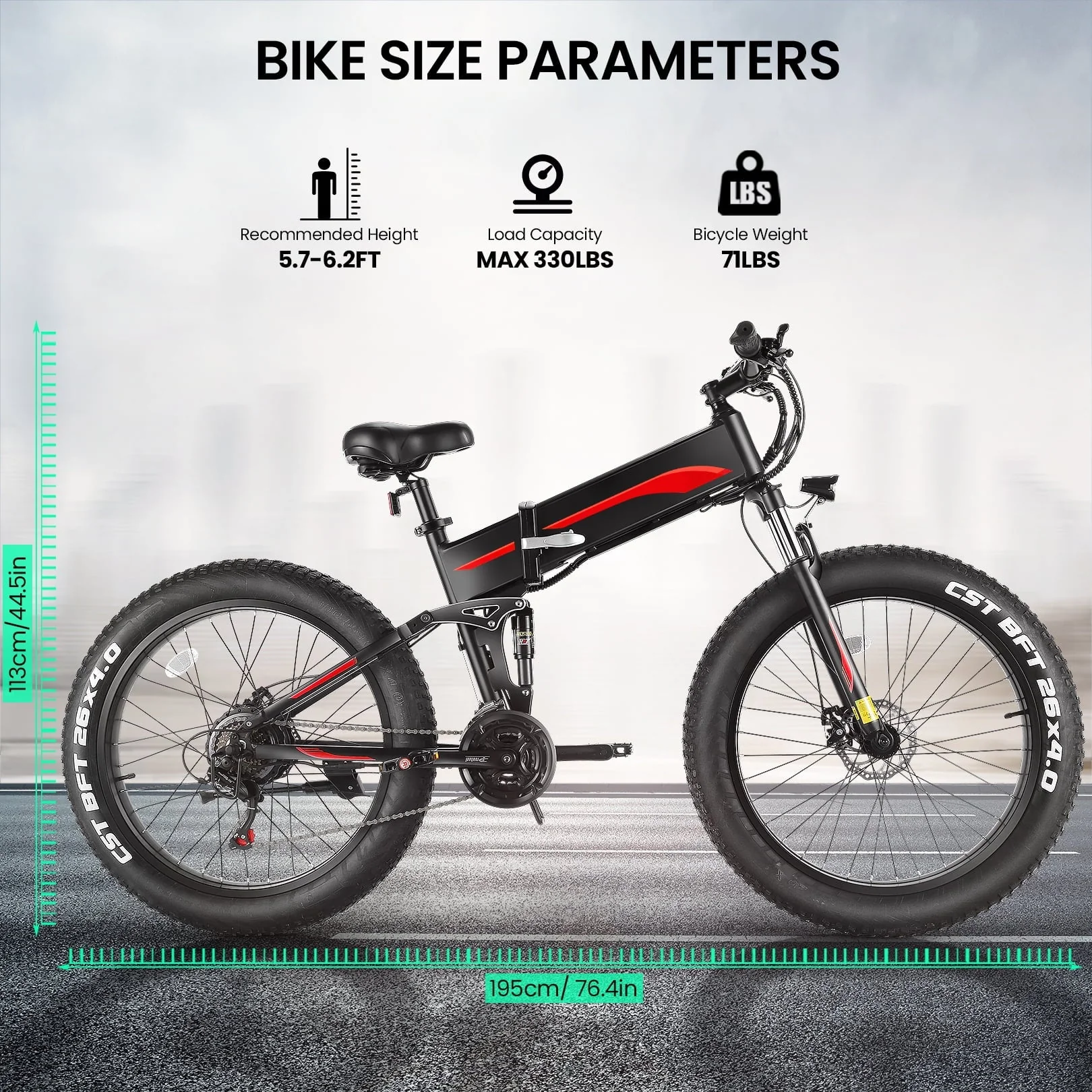 Funcid 26in Folding Fat Tire Electric Bike, 500W, 48V 10Ah