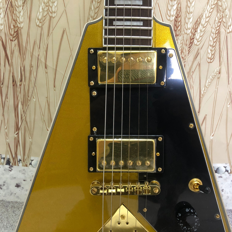 Badaxx Flying V Electric Guitar Gold Top Gold Warehard Solid Mahogany 22 Frets