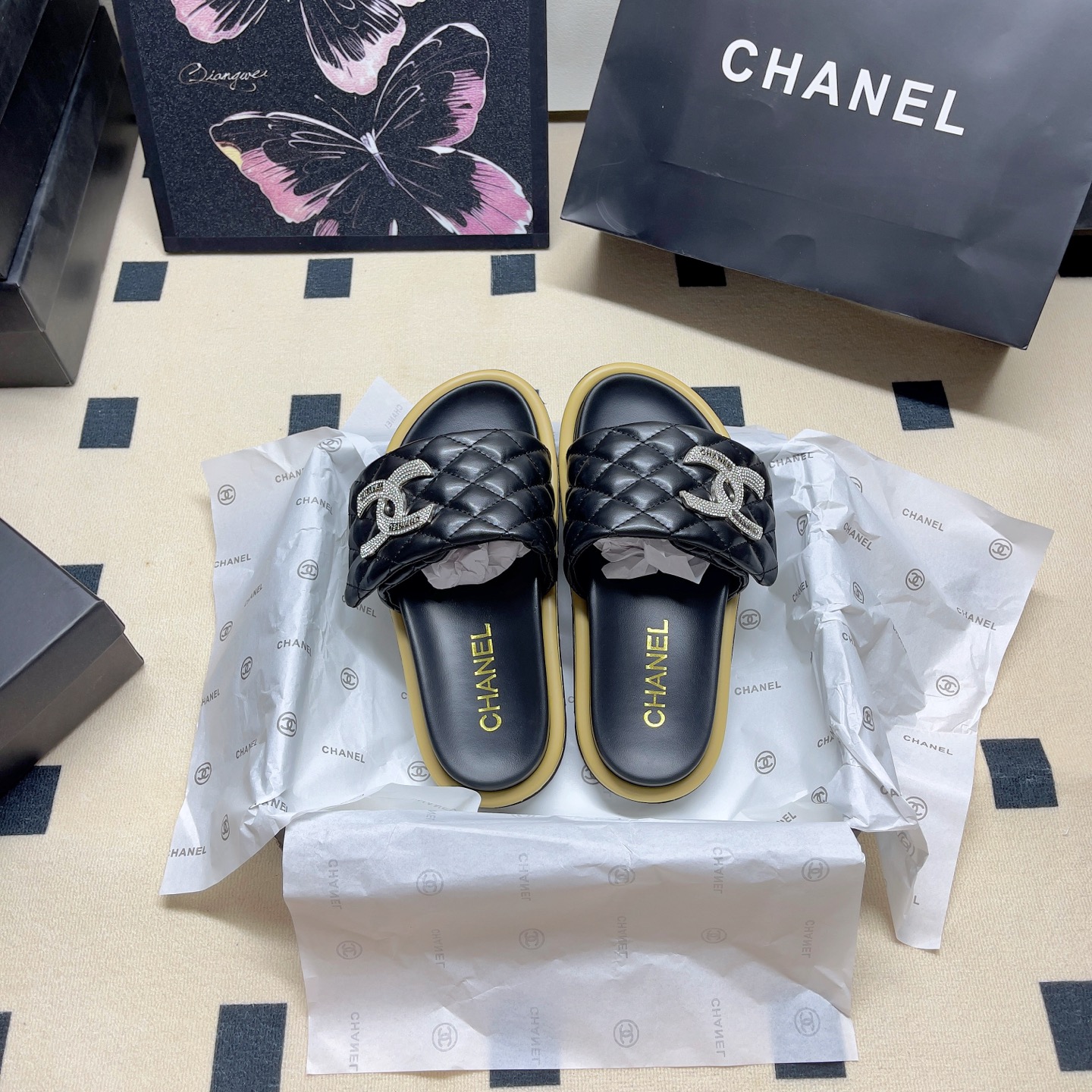 Chanel Quilted Logo Slide Sandals - Black & White