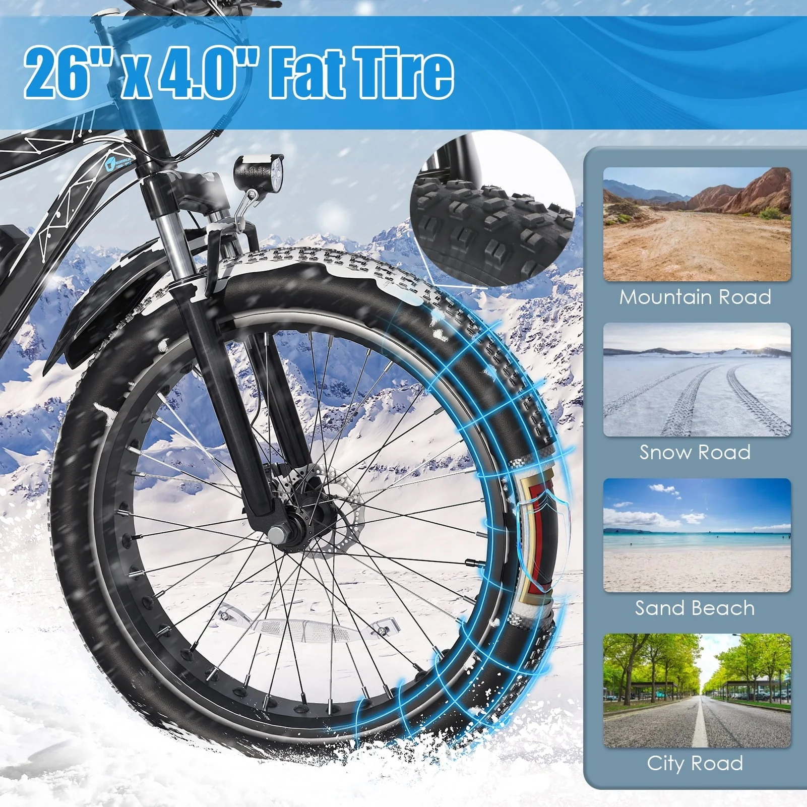Elifine 26in Fat Tire Electric Mountain Bike, 500W, 48V 13Ah
