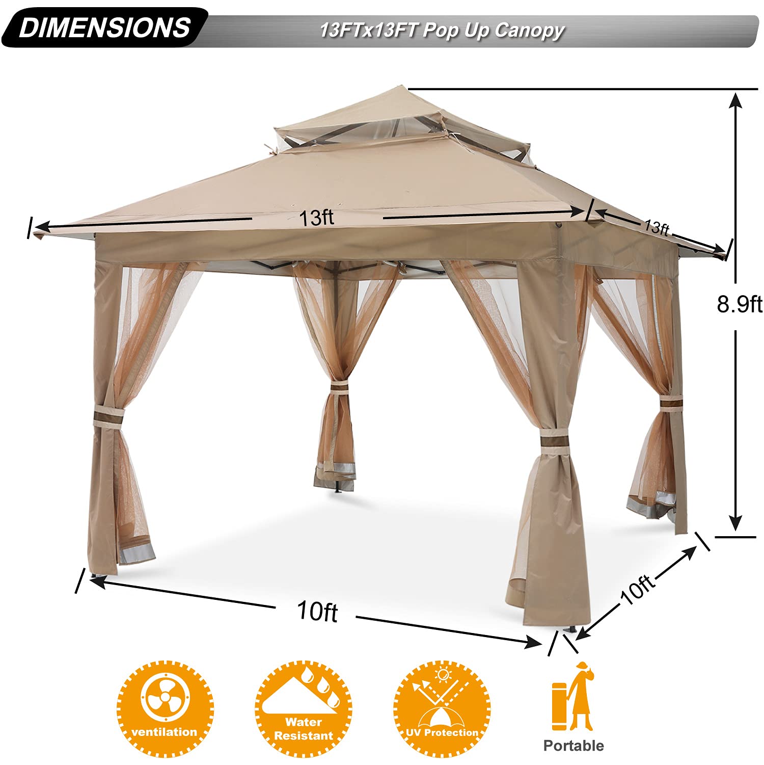 13'x13' Gazebo Tent Pop up Gazebo Canopy Shelter with Nets