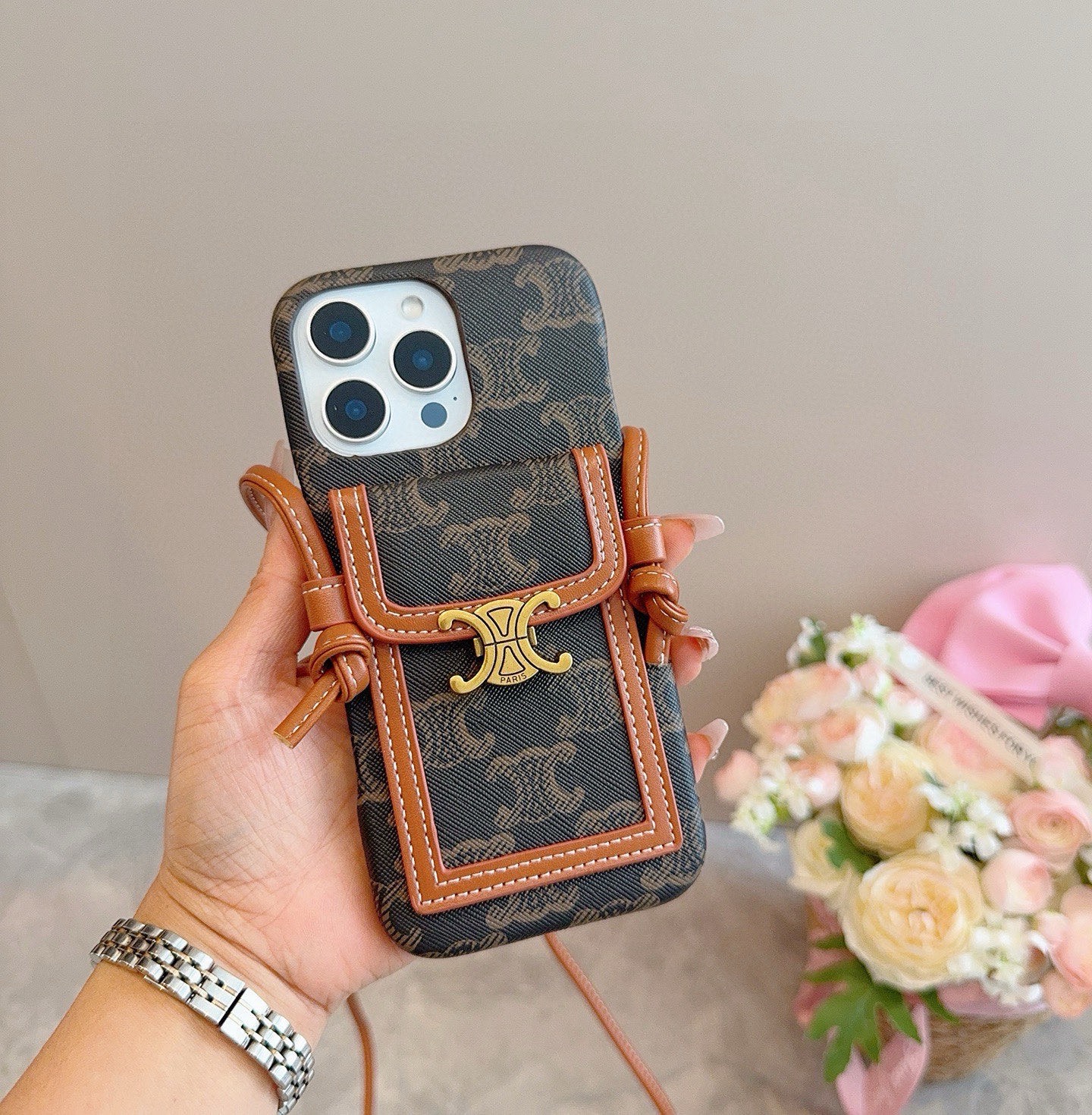 Celine Triomphe Monogram Card Slot Crossbody Phone Case