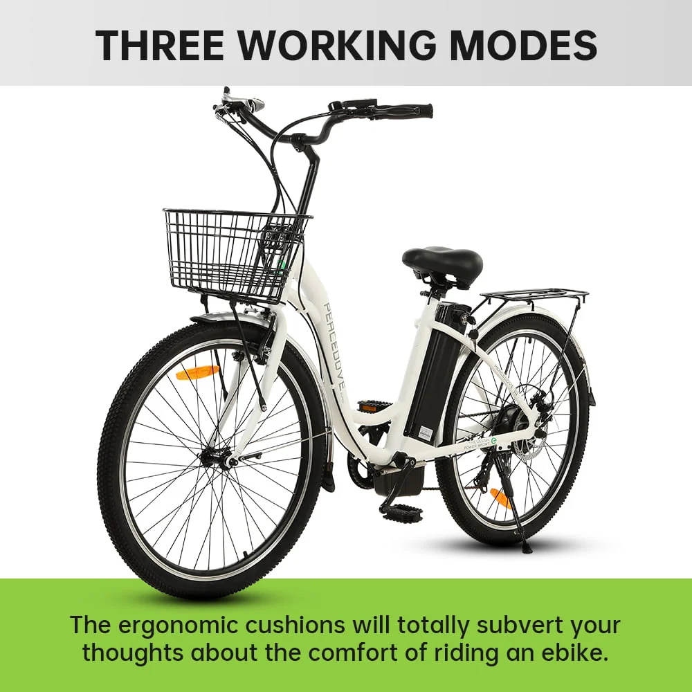 26in Step-Through Electric City Bike with Basket, 350W, 36V 10Ah, White