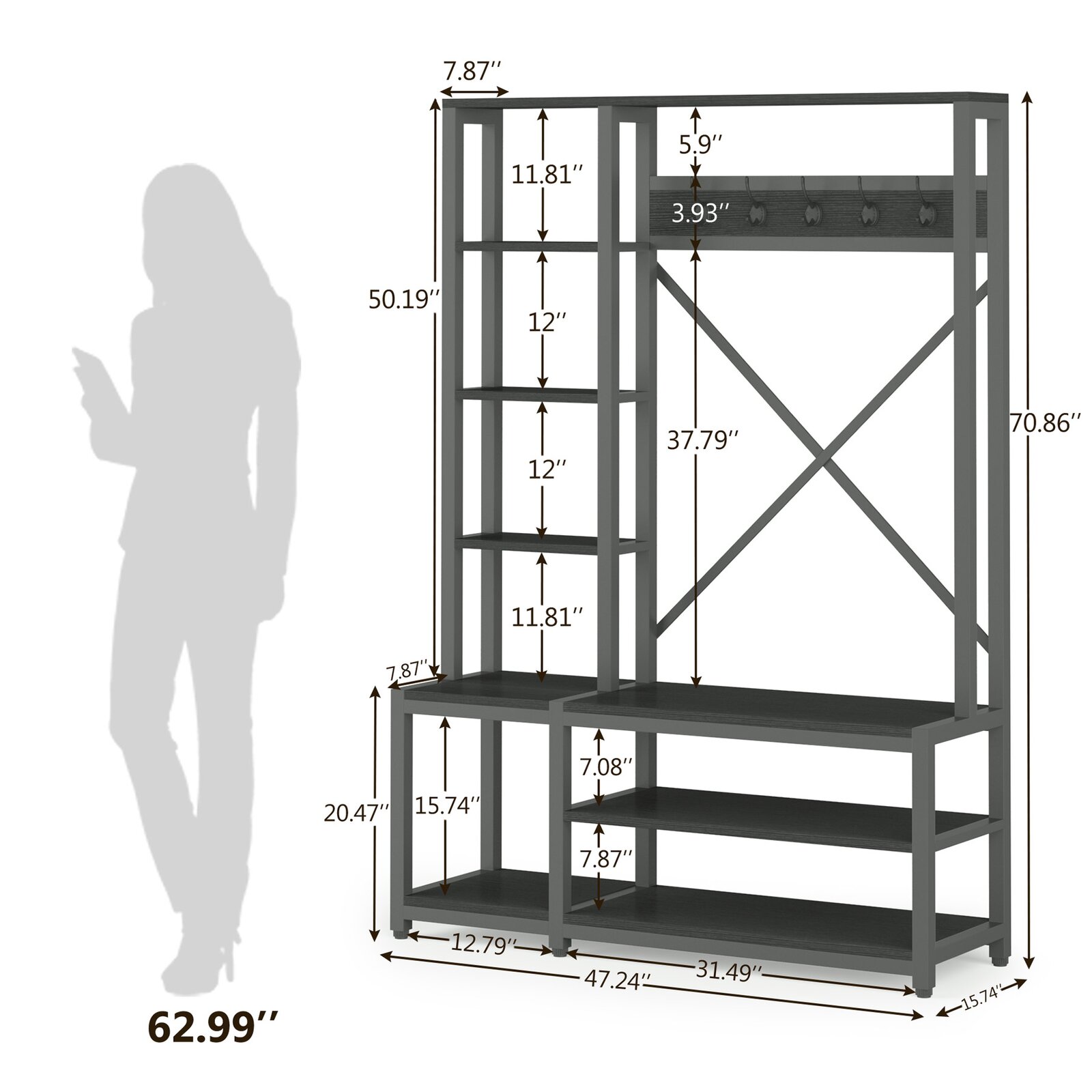 Emelyne 47.2'' Wide Iron Hall Tree with Bench and Shoe Storage