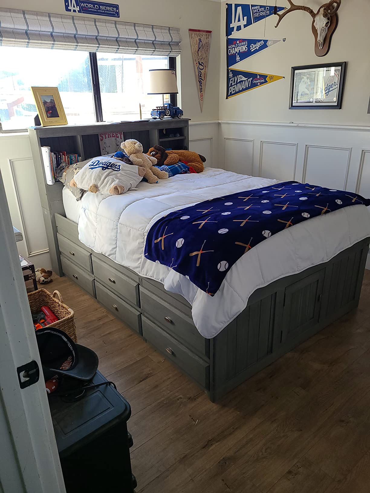 Charcoal Full Bookcase Bed with 12 Drawers