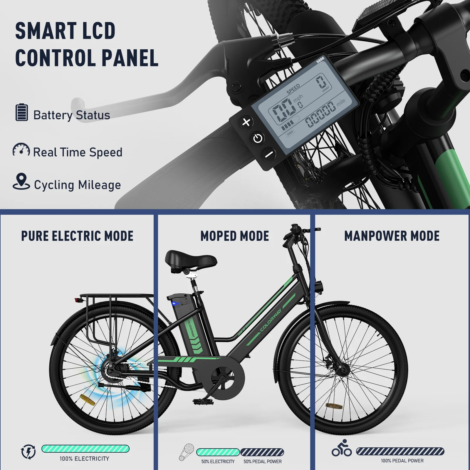COLORWAY 26in Electric Bike, 500W, 36V 12Ah