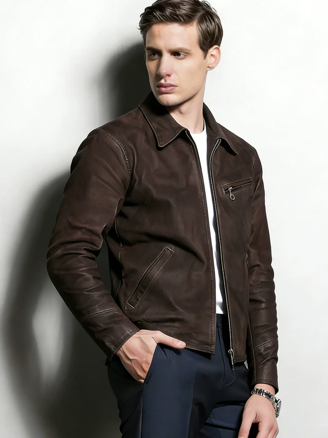 Men's Goatskin Short Japanese Simple Leather Jacket