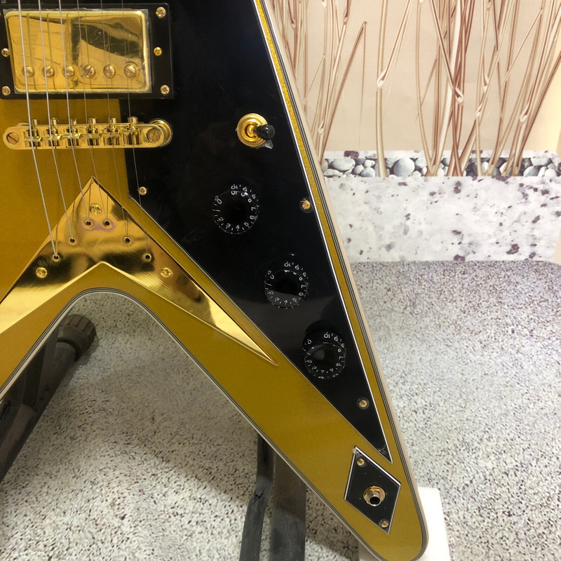 Badaxx Flying V Electric Guitar Gold Top Gold Warehard Solid Mahogany 22 Frets