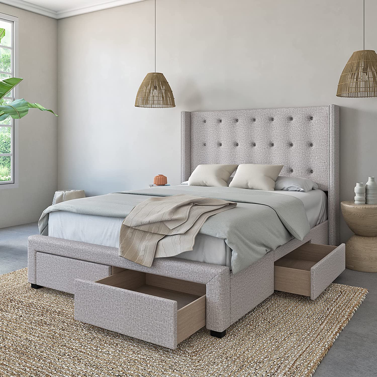 Savoy Tufted Upholstered Wingback Panel Storage Bed Frame