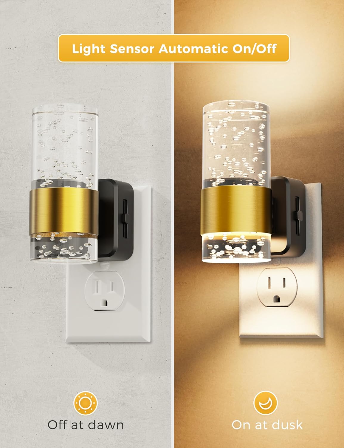 2 Pack Acrylic Nightlight with 0-100 LM Adjustable Brightness, 3000K Plug in Night Light with Dusk to Dawn Sensor