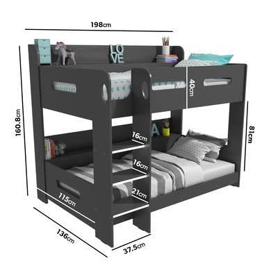 Dark Grey Bunk Bed with Storage Shelves - Ladder Can Be Fitted