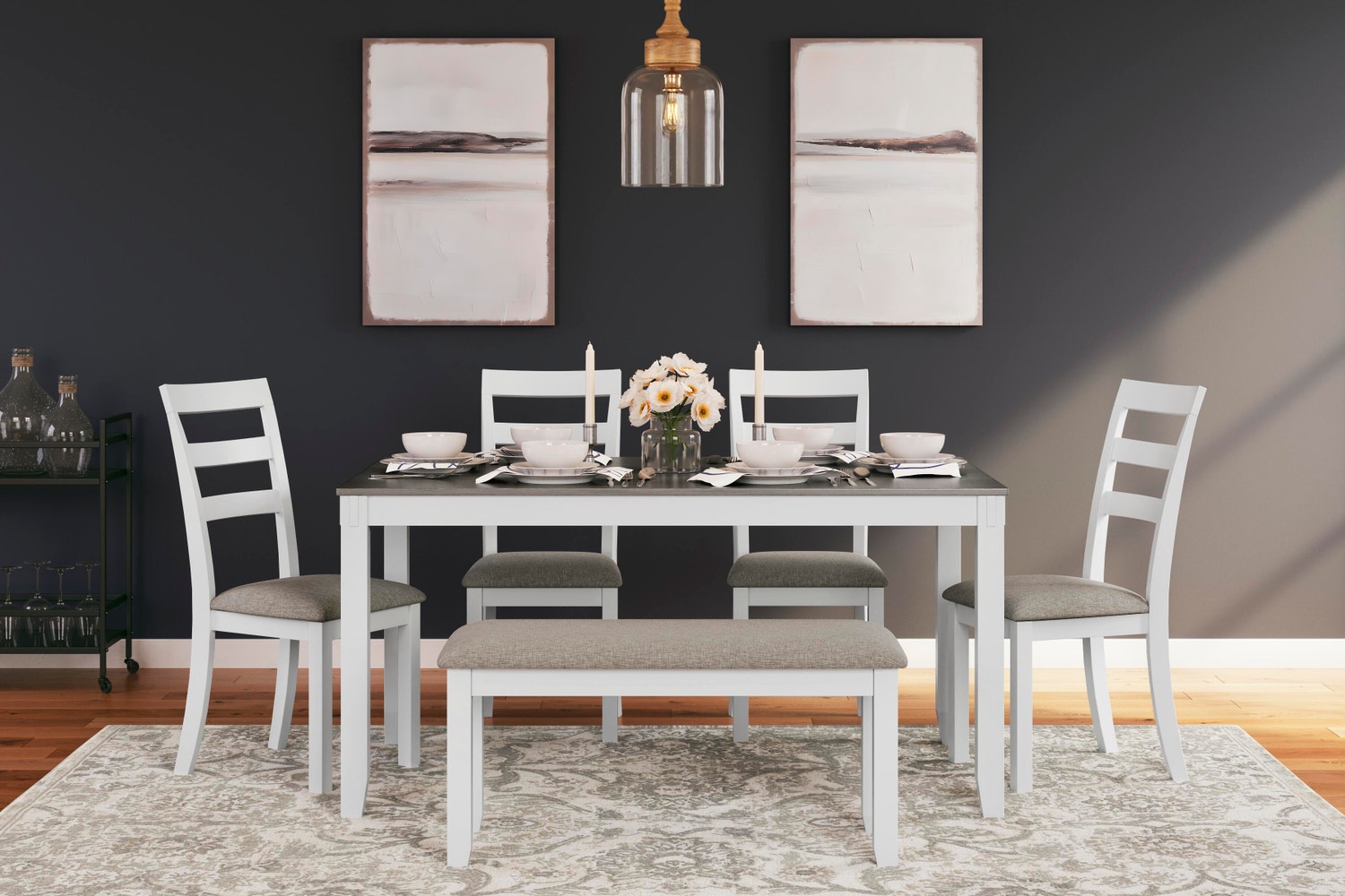 Stonehollow Dining Table, 4 Chairs and Bench (Set of 6)