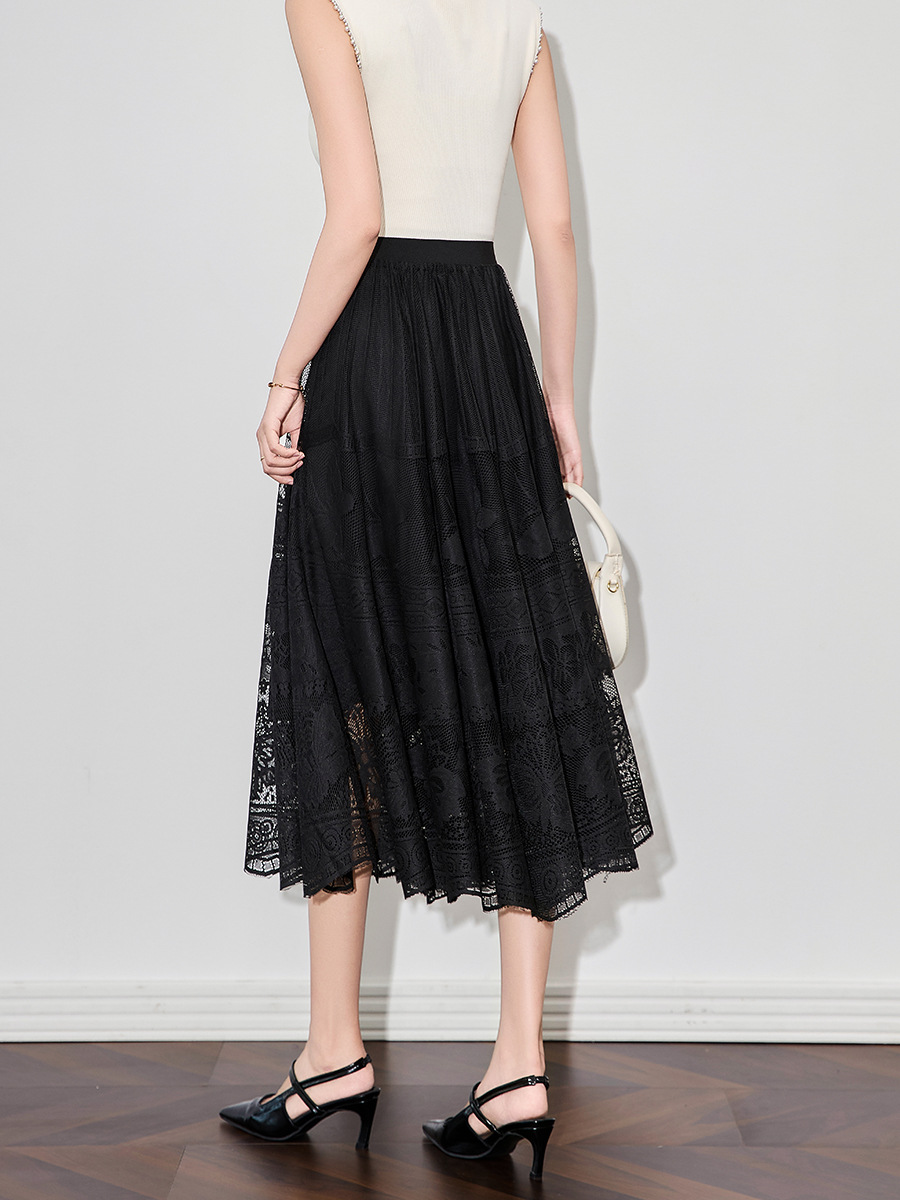 Elegant Butterfly Embroidery Lace Net Half Skirt Umbrella Hemline Women's New Style Polyester Fabric Midi Skirt