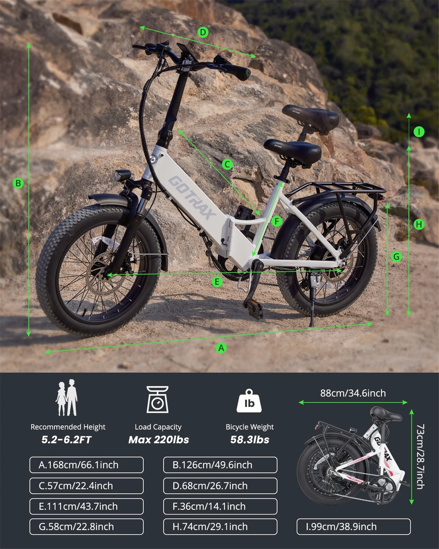 F2 20in Folding Fat Tire Electric Bike, 500W, 48V, White