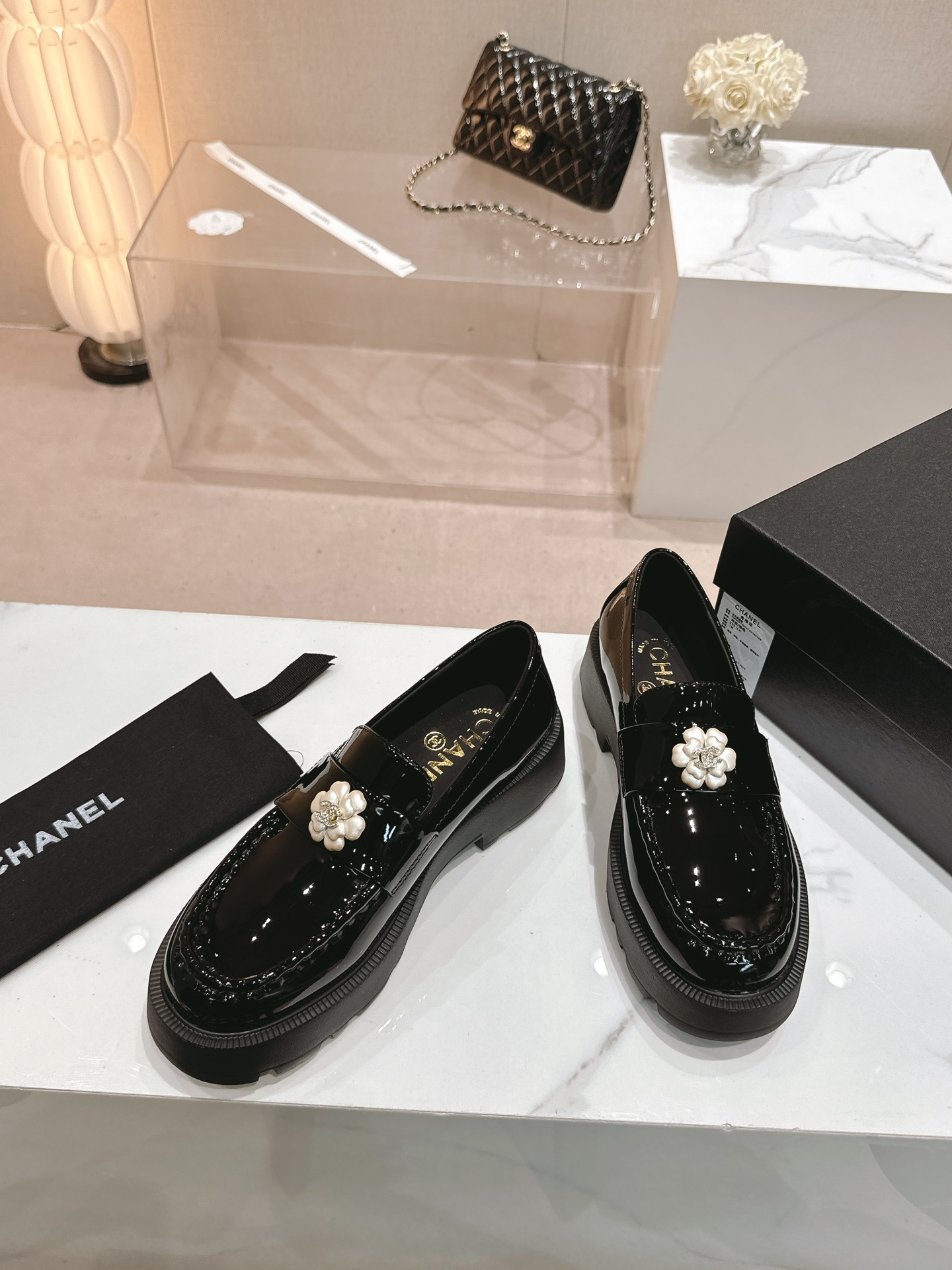 Chanel Camellia Rhinestone Pearl Platform Patent Leather Loafers