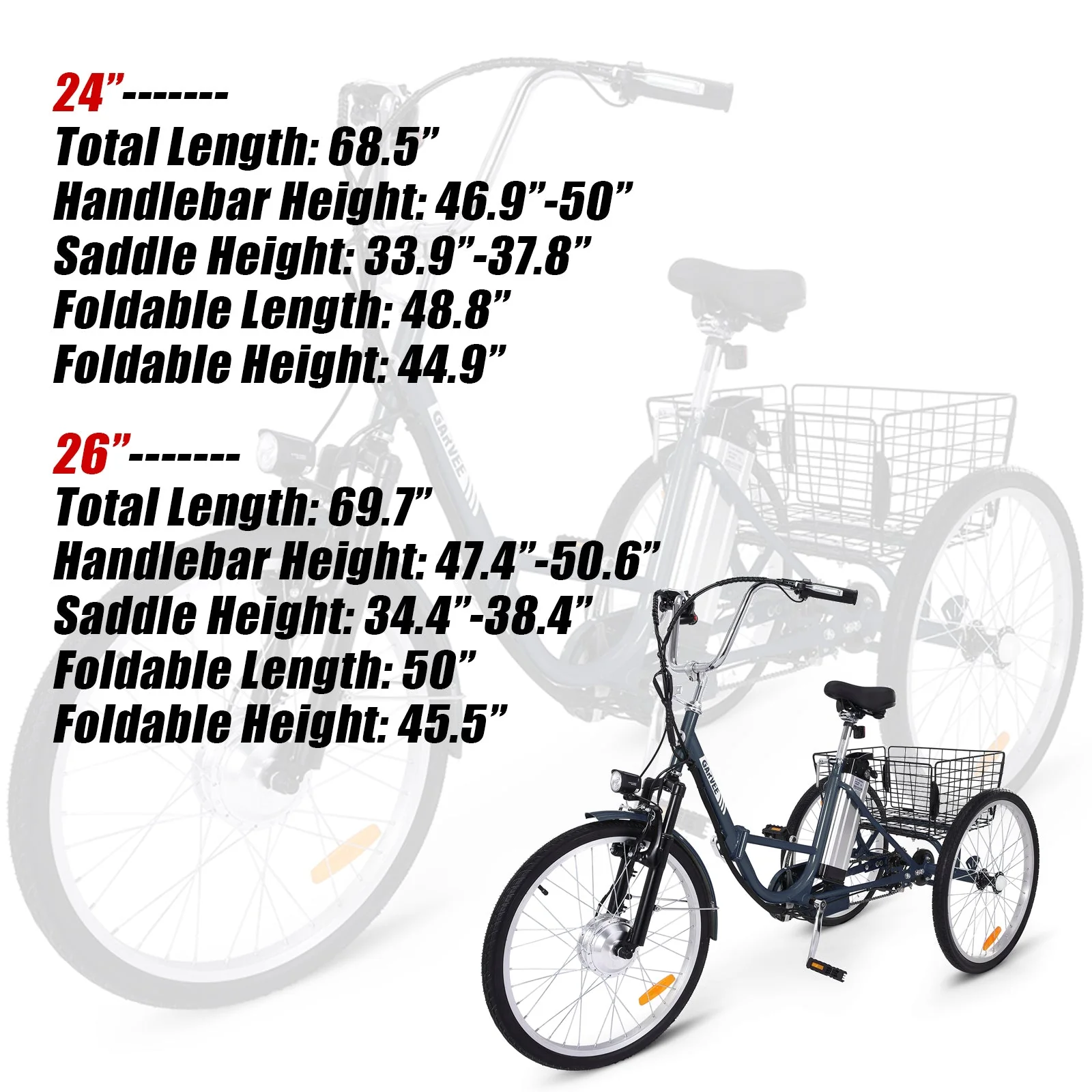Patikuin 26in Folding Electric Tricycle, 250W, 36V, Gray