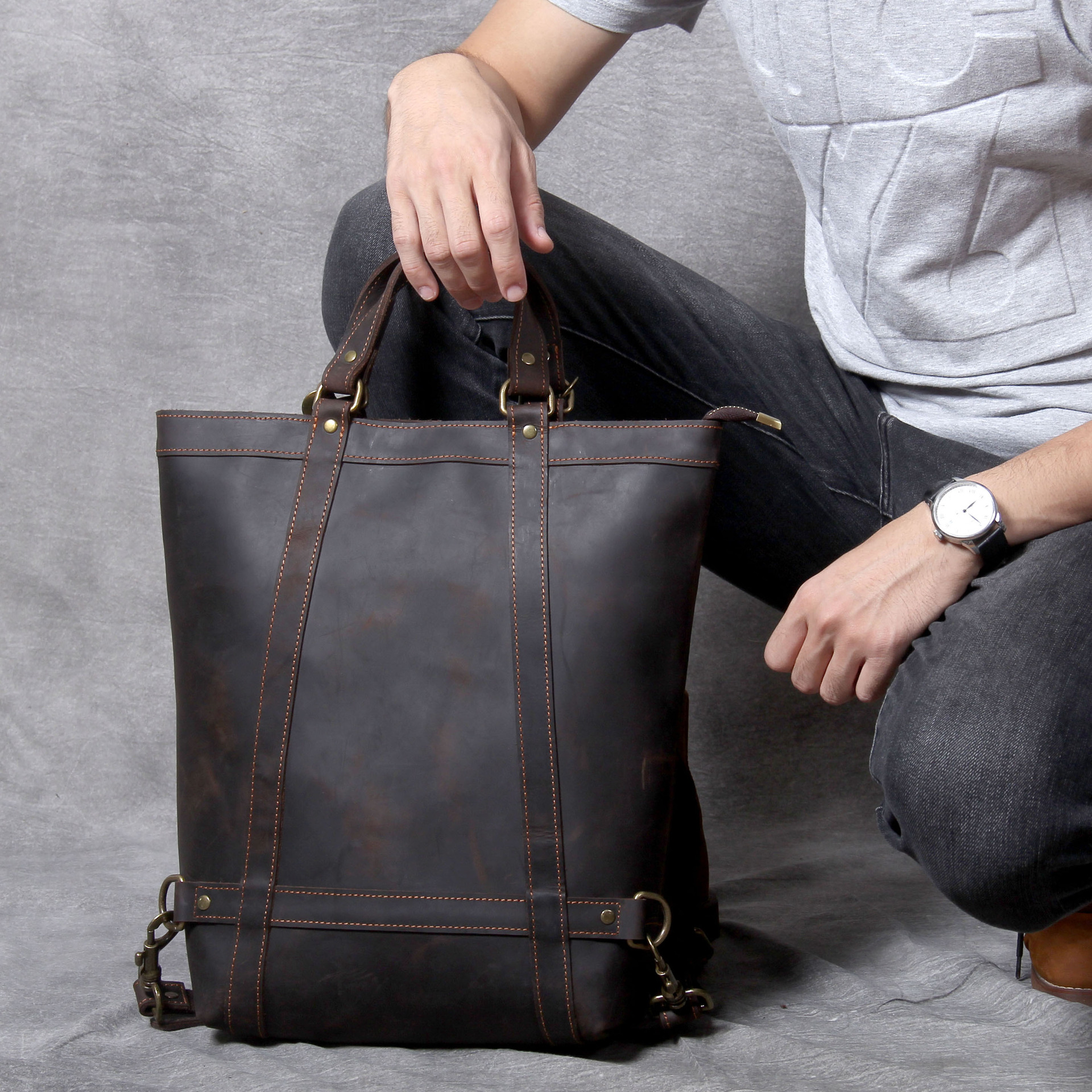 Convertible Full-Grain Leather Tote Backpack - Versatile Style for the Modern Lifestyle