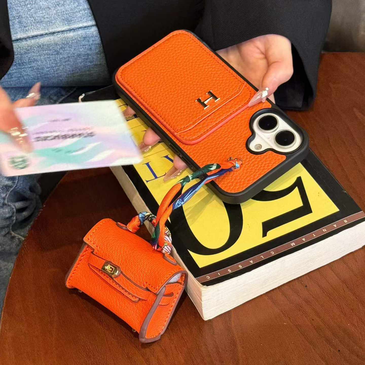 Grain Leather Card Pocket Phone Case With Mini Pouch & Silk Scarf Wrist Strap For iPhone Series