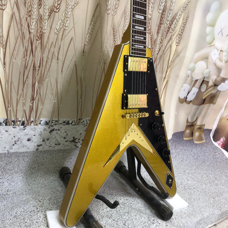 Badaxx Flying V Electric Guitar Gold Top Gold Warehard Solid Mahogany 22 Frets