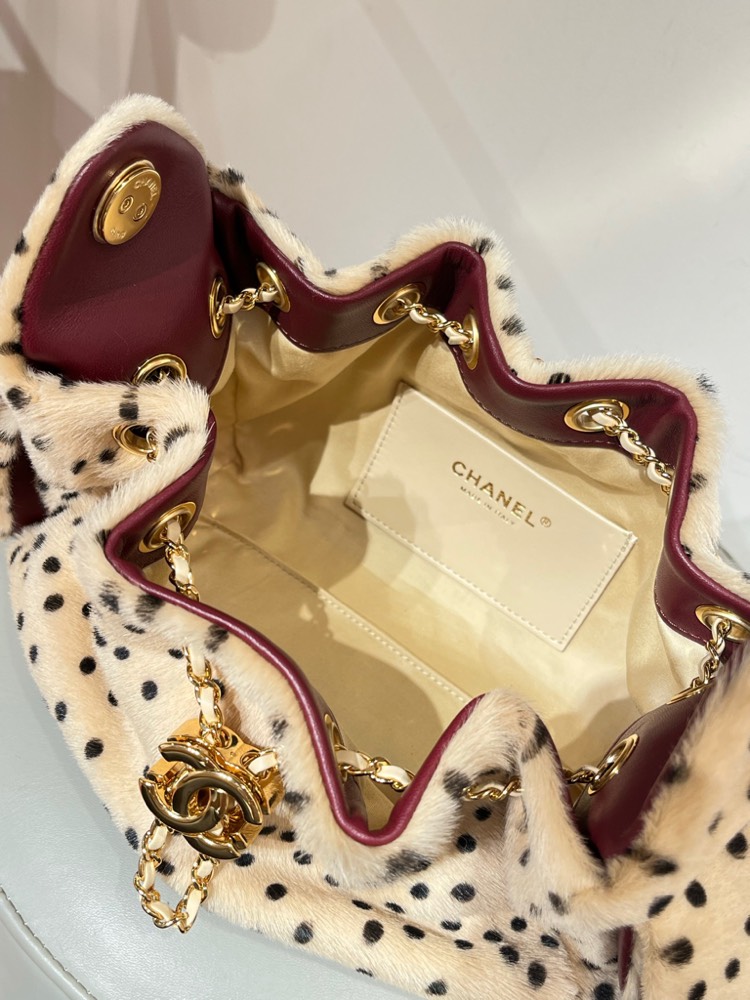 Chanel Mini 25 Spotted Shearling Fur Drawstring Bucket Bag Chain Shoulder Bag