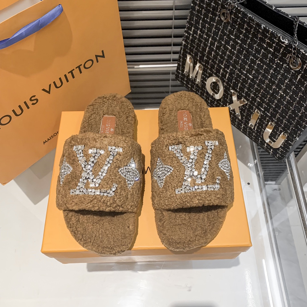 Louis Vuitton Style Shearling Slide Slippers with Crystal Strass LV Monogram