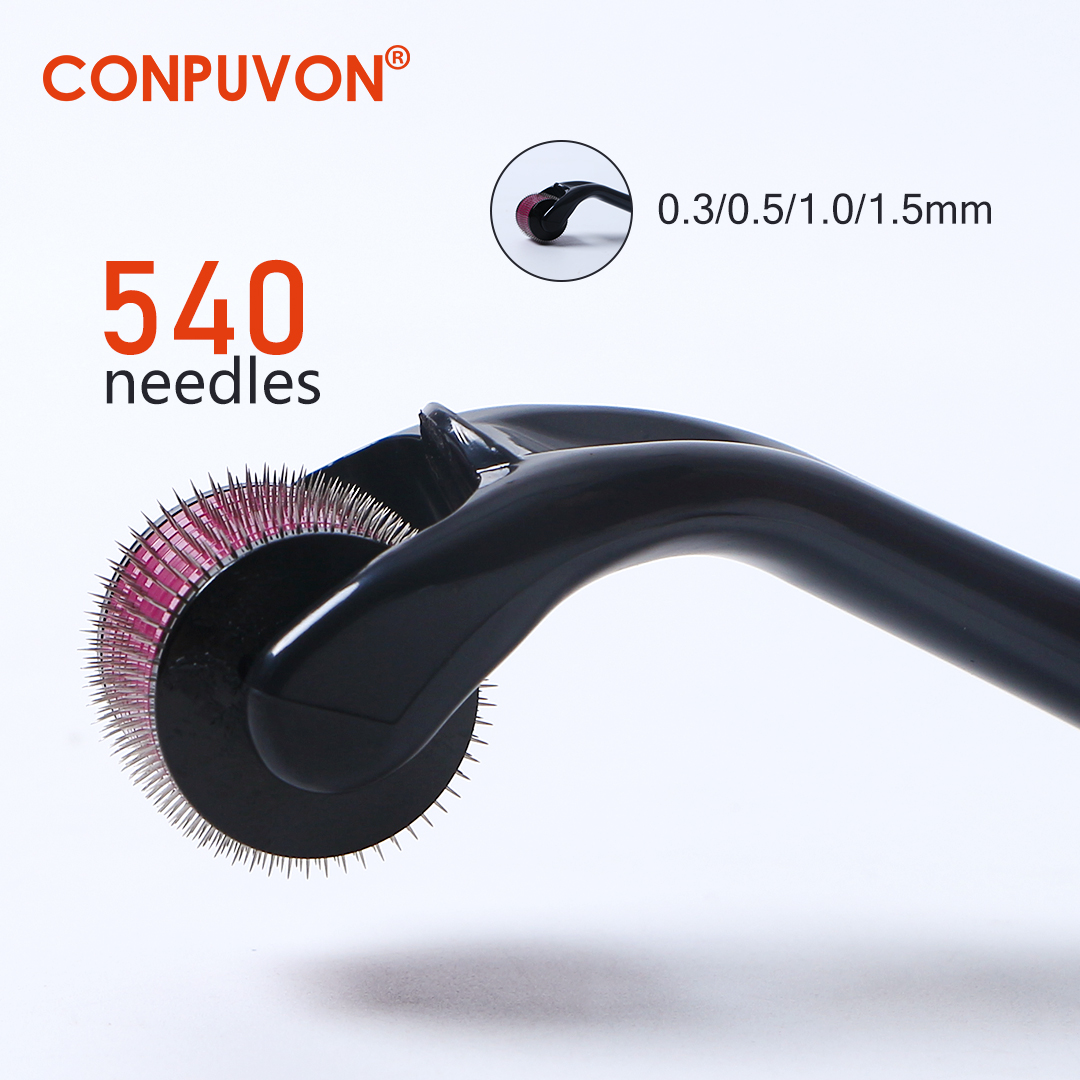 CONPUVON Beard & Hair Roller Black 540 Stainless Steel Derma Microneedling Roller Face Home Use