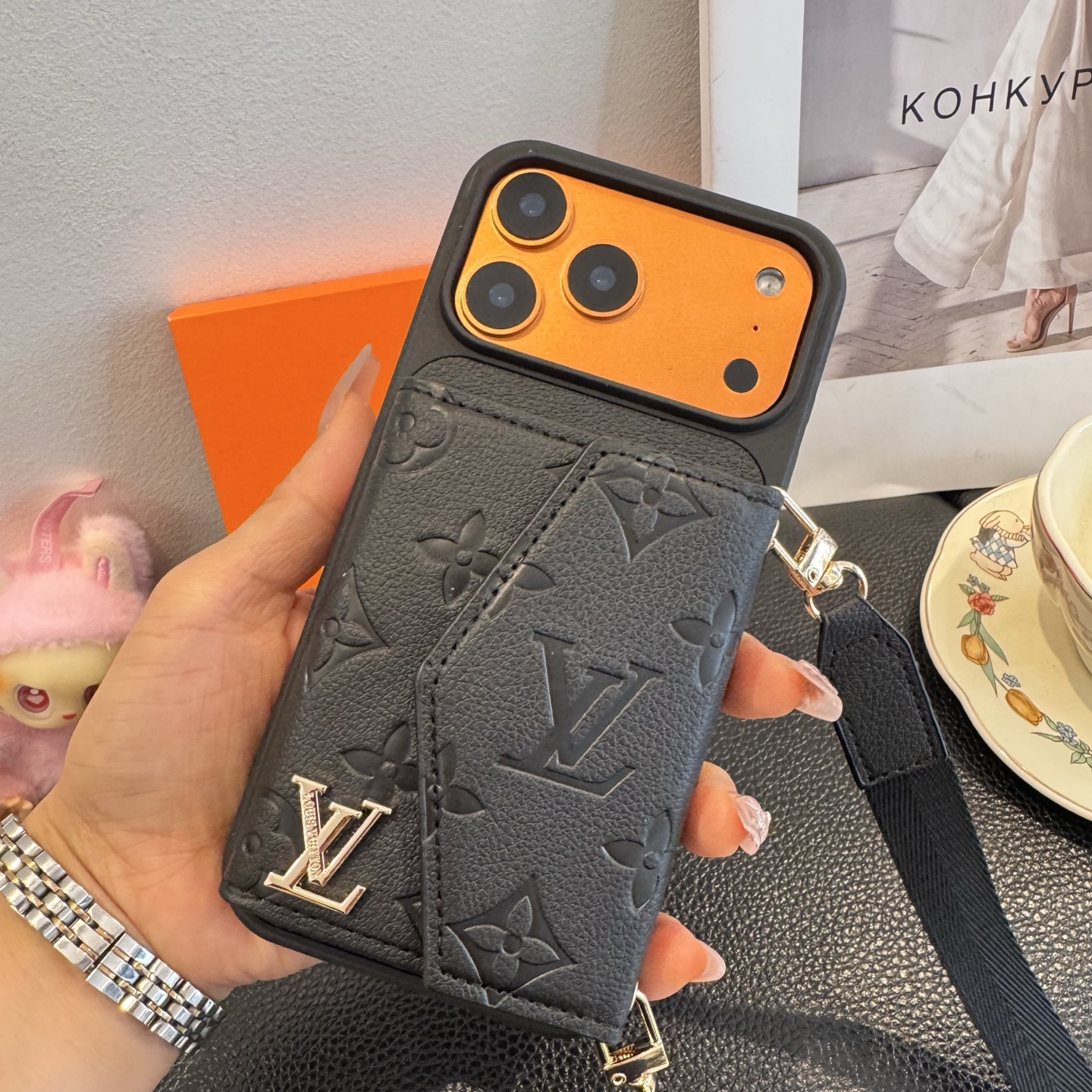 Louis Vuitton Embossed Monogram Card Holder Crossbody Strap Luxury Phone Case