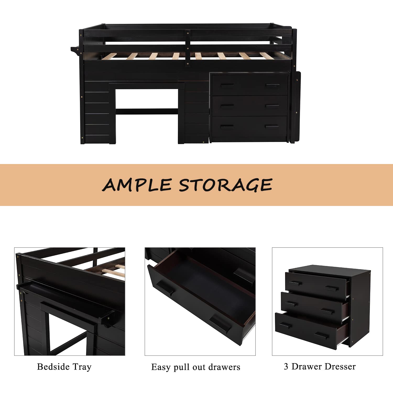 Bellemave Low Loft Beds with 3 Drawers Twin Loft Bed Frame with