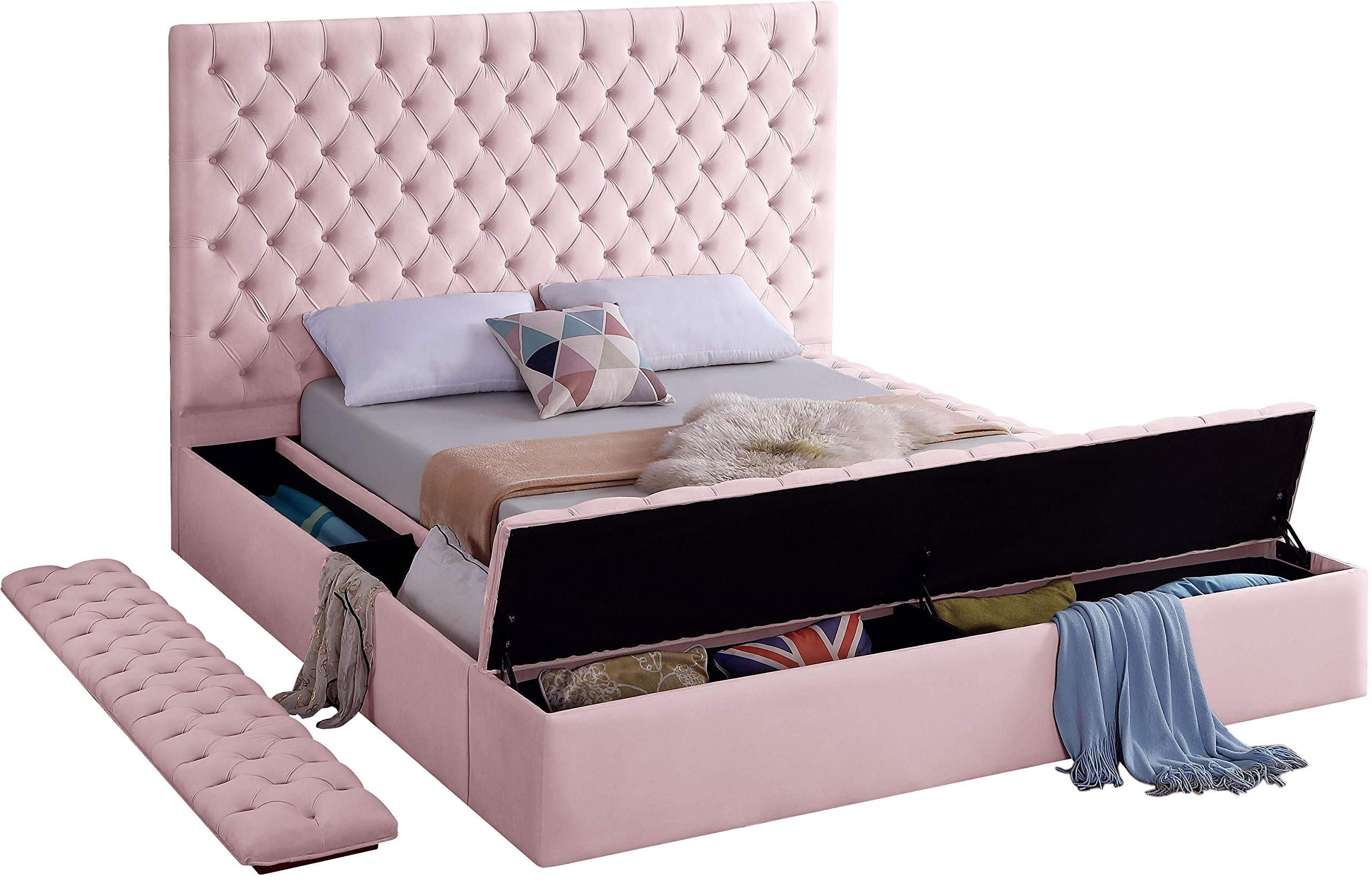 Velvet Upholstered Bed with Deep Button Tufting & Storage