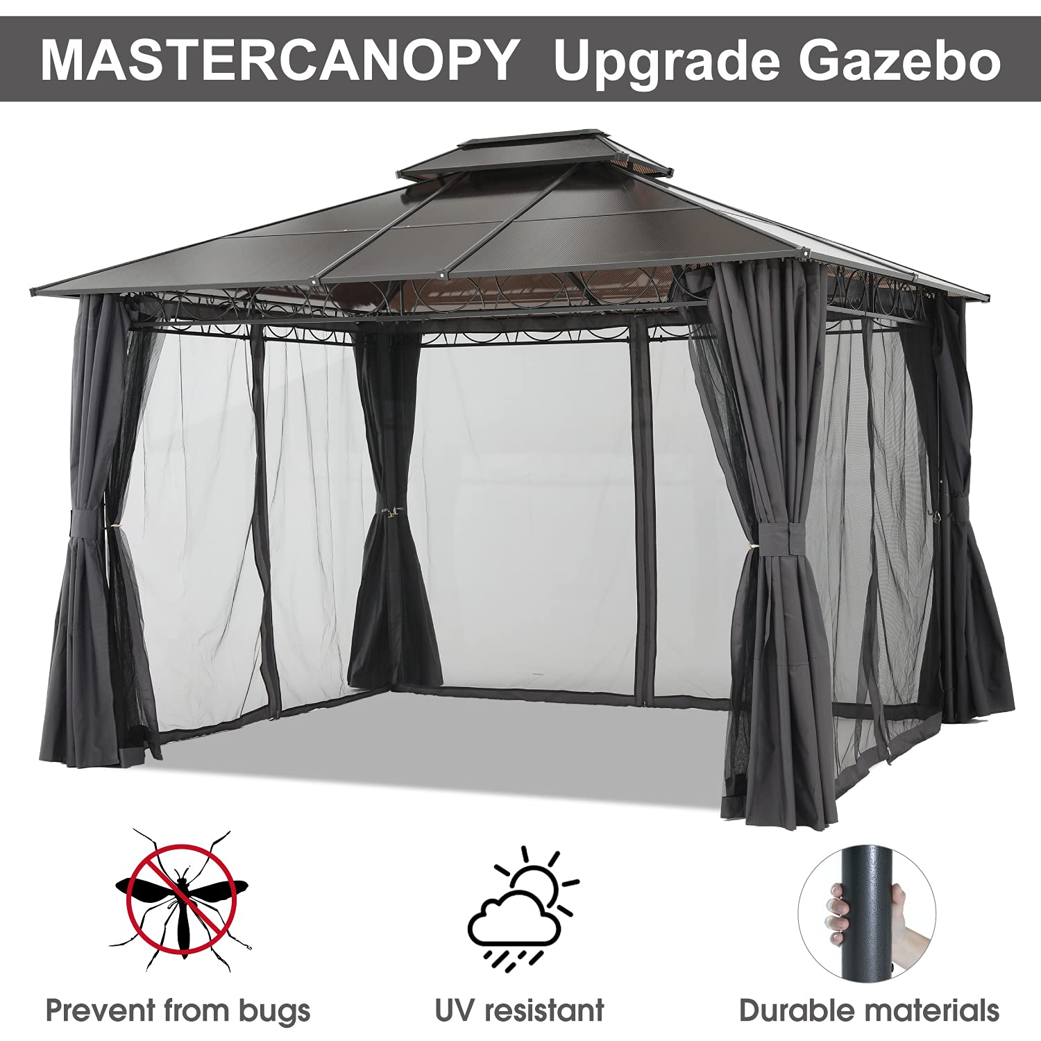 Double Roof Hardtop Patio Gazebo Canopy Frame with Netting