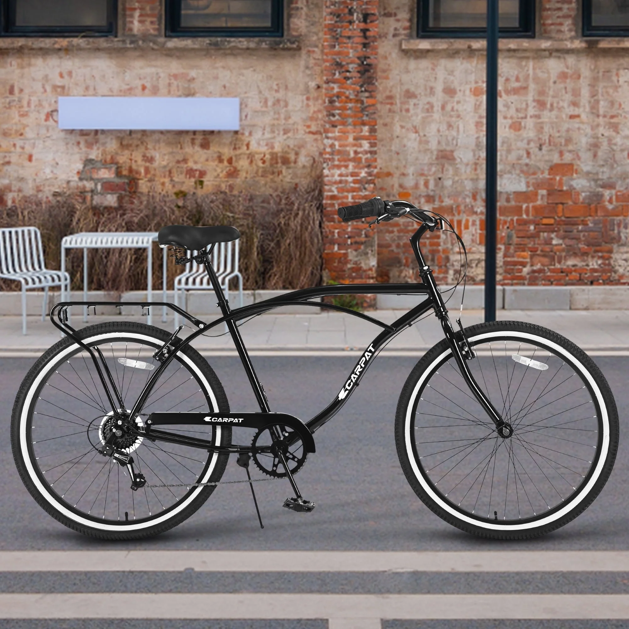 26in Beach Cruiser Bicycle, 7-Speed, Black