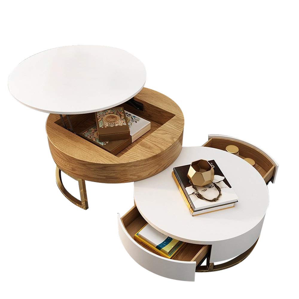 Round Coffee Table White with Storage Lift-Top Wood Coffee