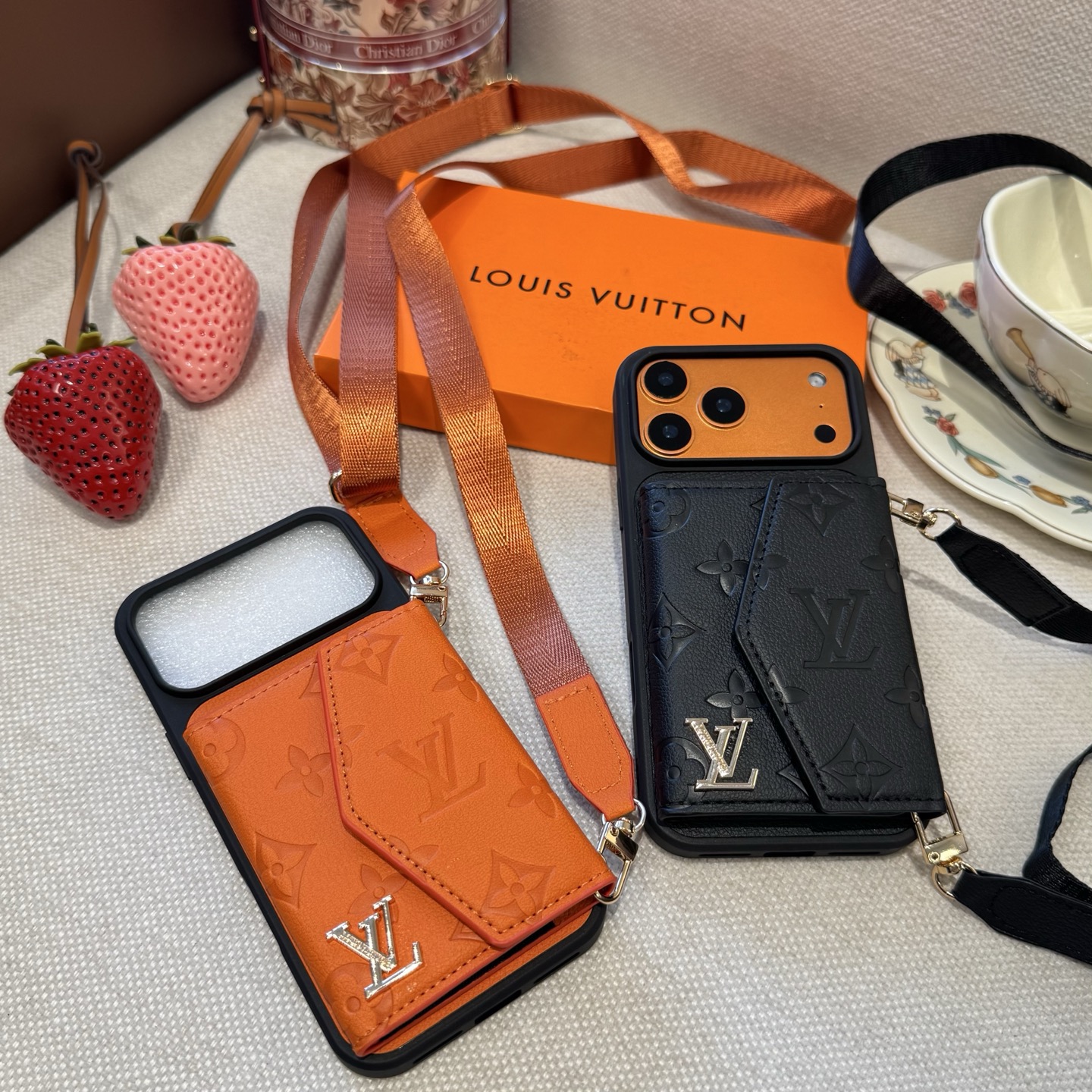 Louis Vuitton Embossed Monogram Card Holder Crossbody Strap Luxury Phone Case