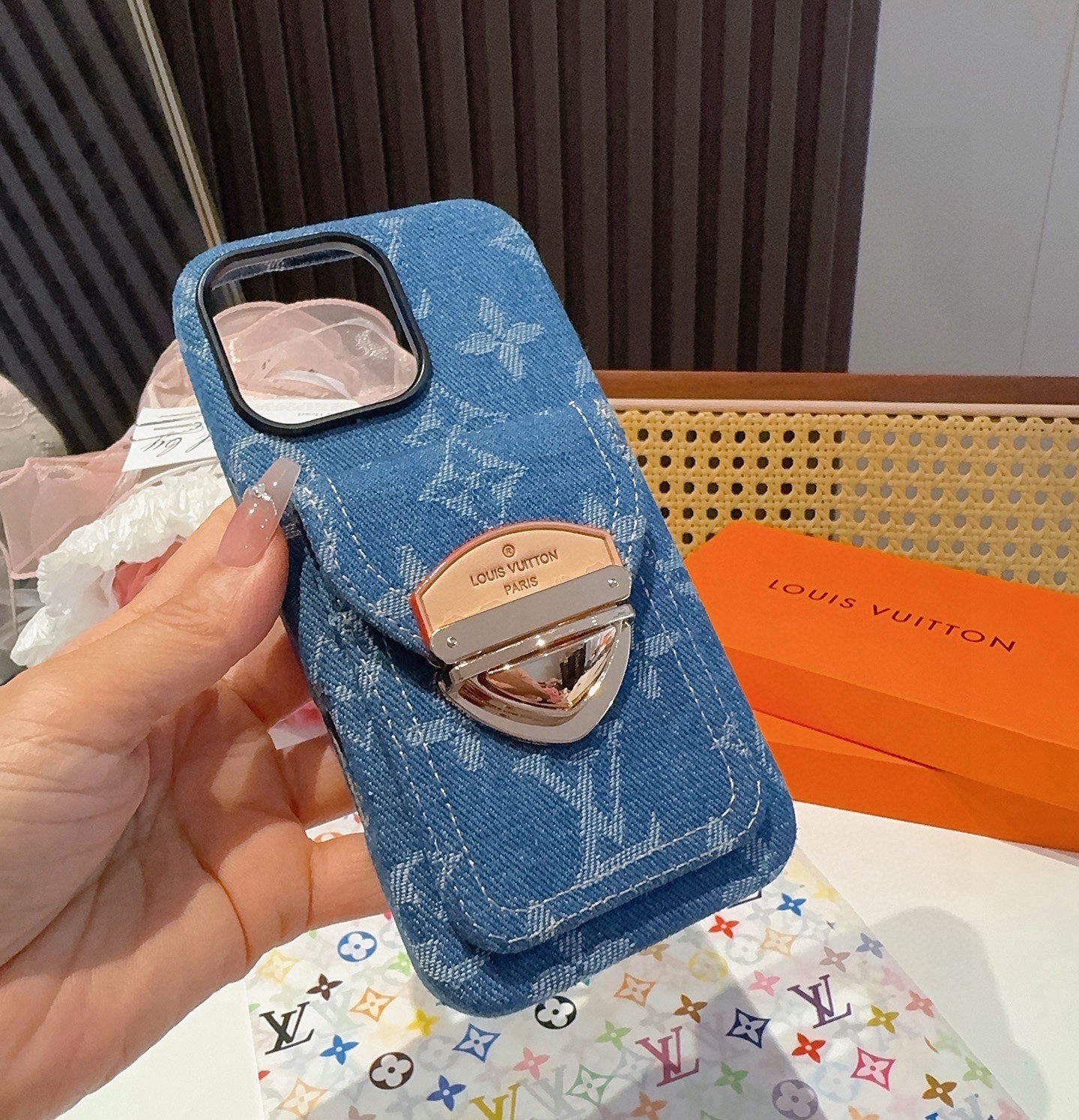 LV Denim Lock Card Holder Phone Case with Crossbody Strap