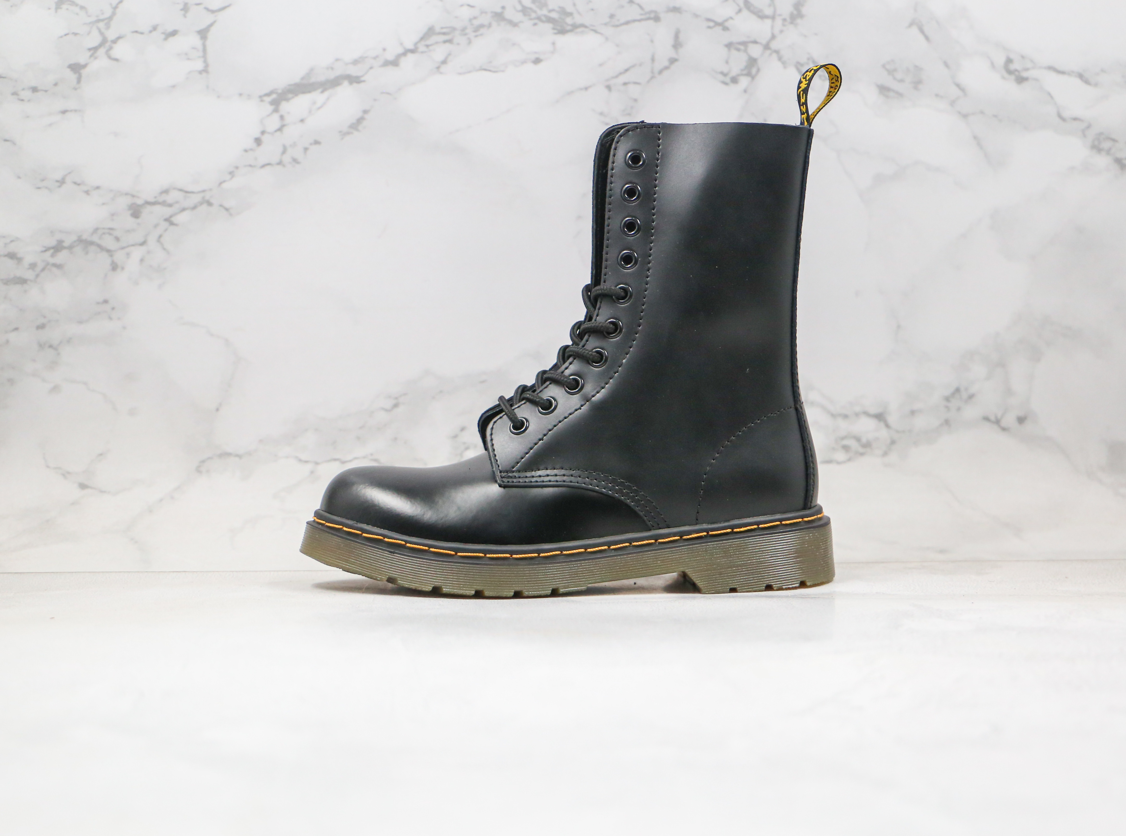 Dr. Martens Black Smooth Leather Buckle 10-Eye Boots