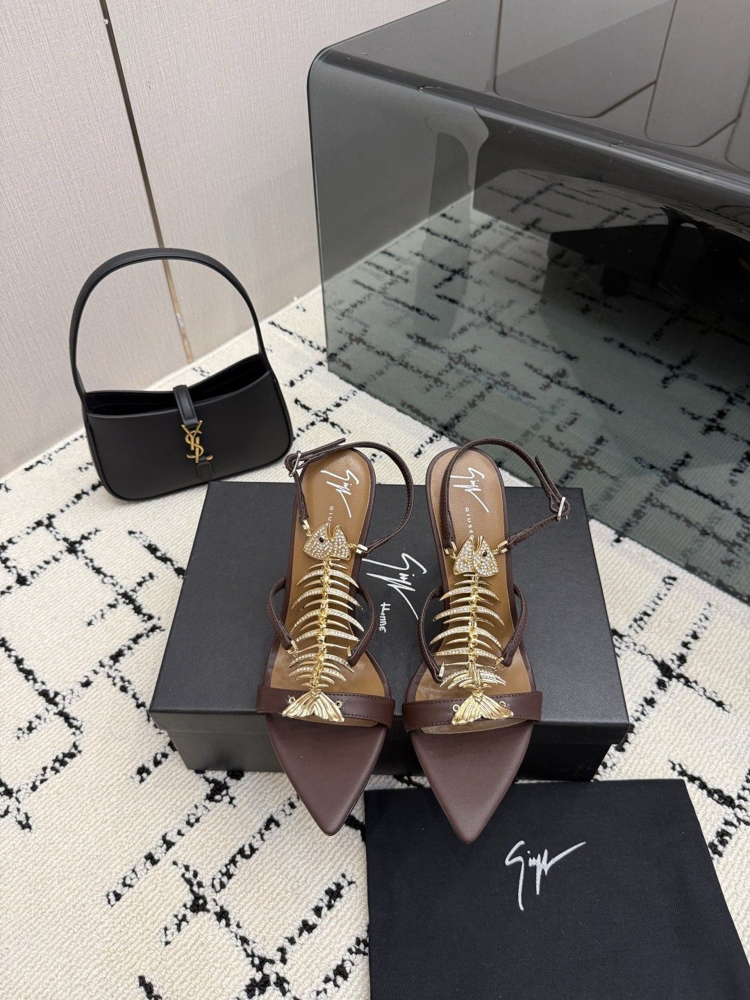 Giuseppe Zanotti Slim 2.0 105 black crystal fishbone sandal
