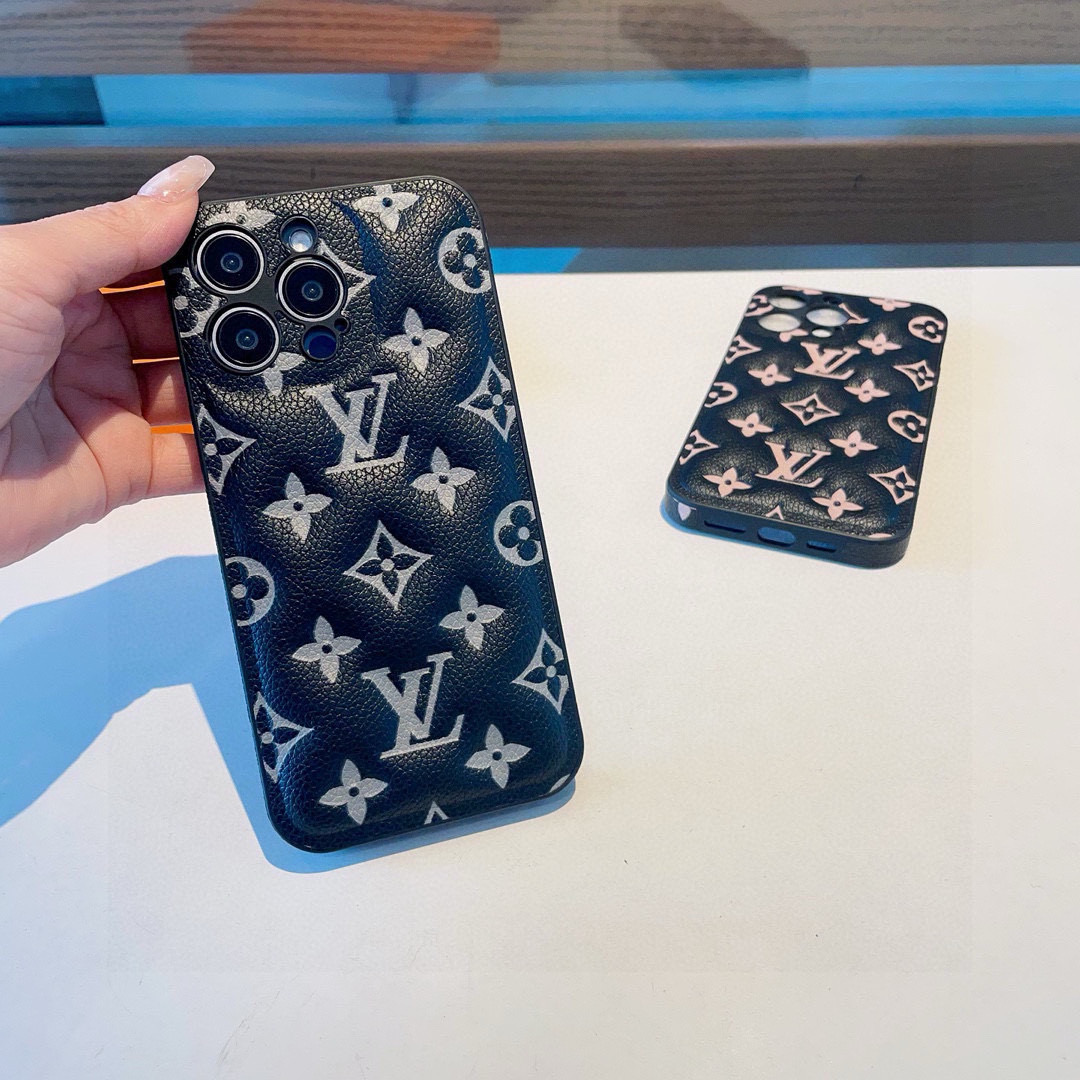 Louis Vuitton Black Monogram Embossed Leather Padded Shockproof Phone Case