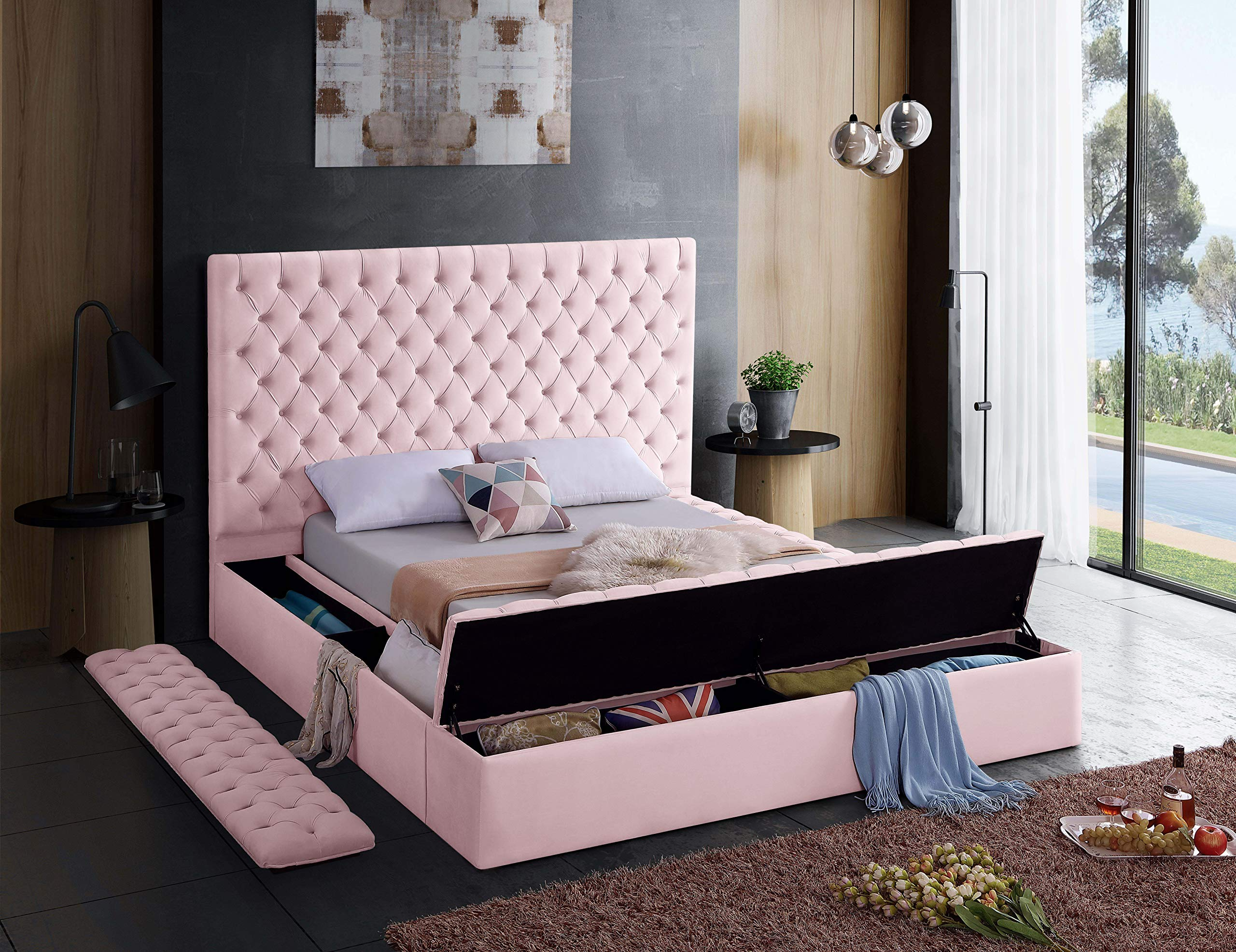 Velvet Upholstered Bed with Deep Button Tufting & Storage
