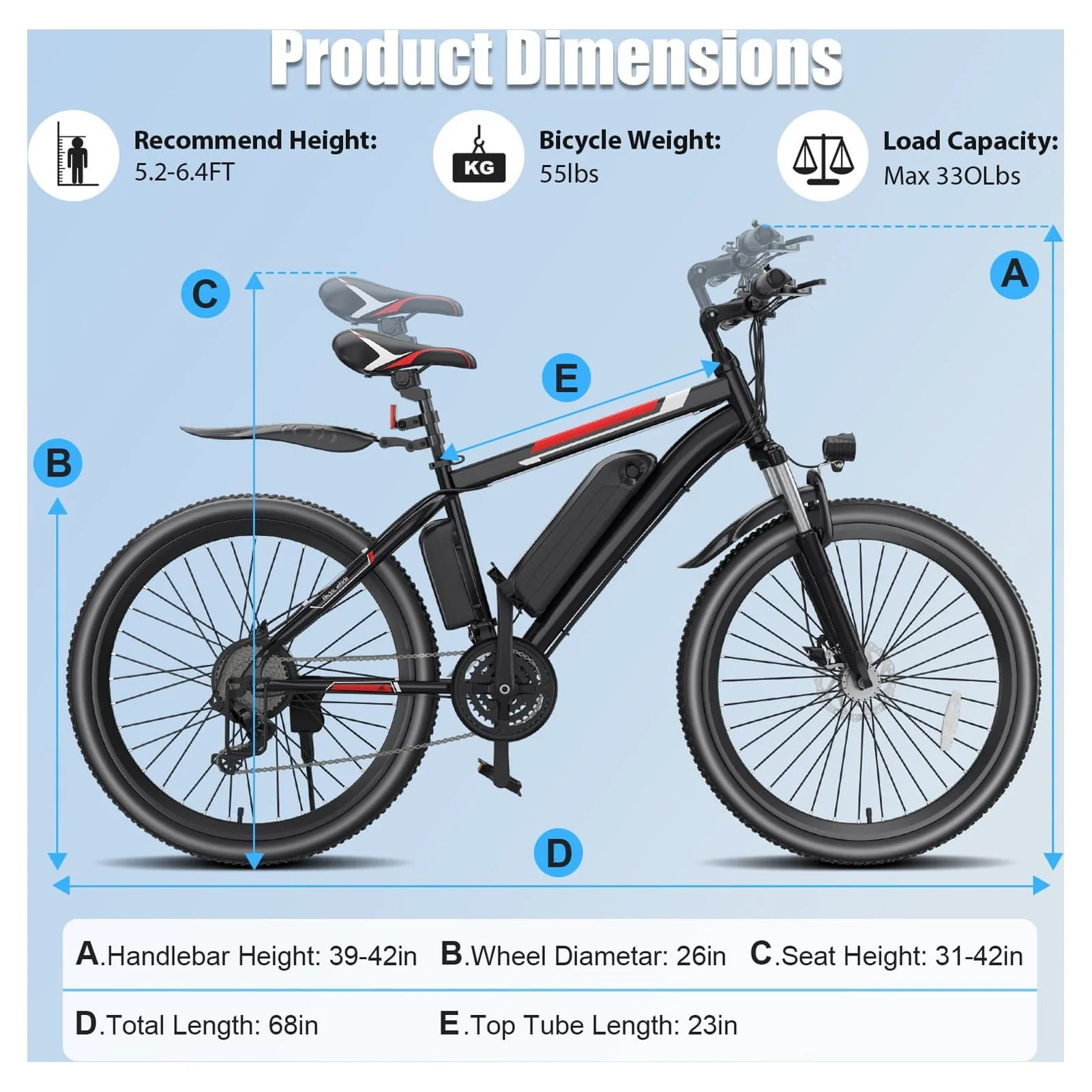 Elifine 26in Electric Mountain Bike, 500W, 48V 7.8Ah