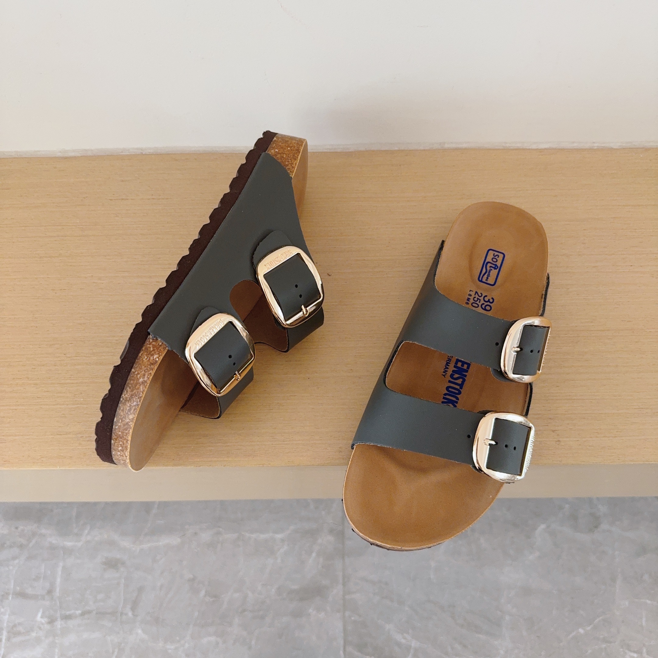 Round Gold Buckle Birken-Style Two-Strap Sandals