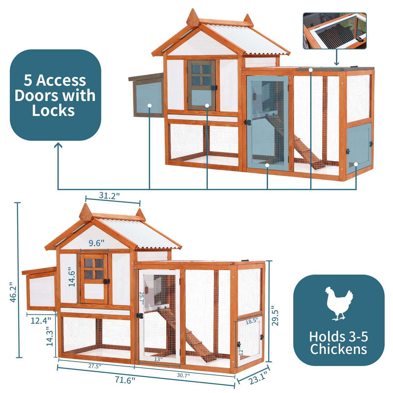 Outdoor Wooden Multi-Level Chicken Coop