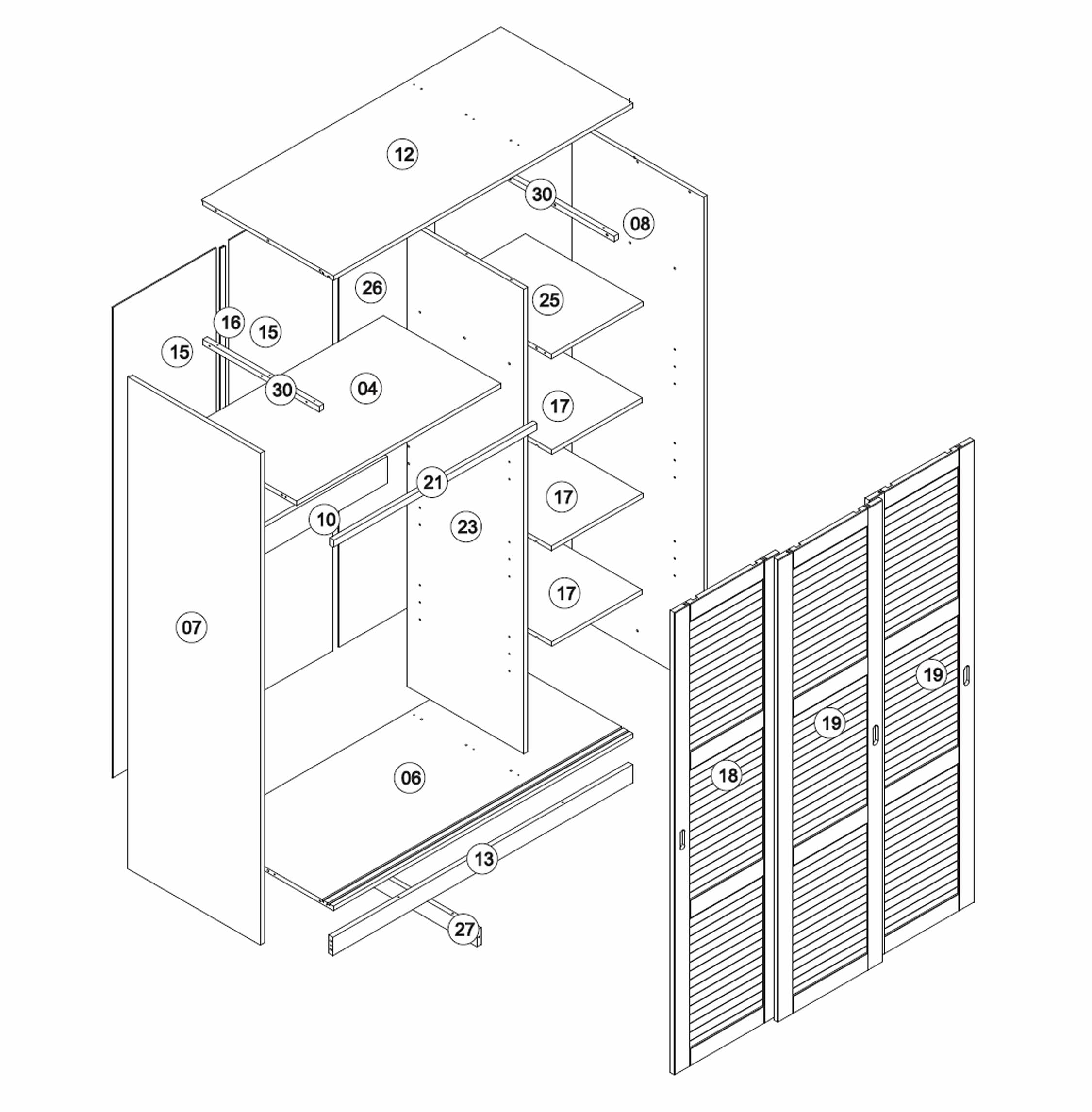100% Solid Wood Wardrobe with 3 Sliding Louvered Doors