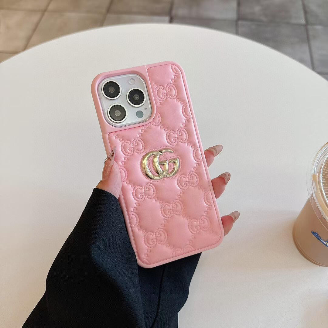 Gucci Embossed GG Monogram Metal Logo Premium Leather Luxury Phone Case