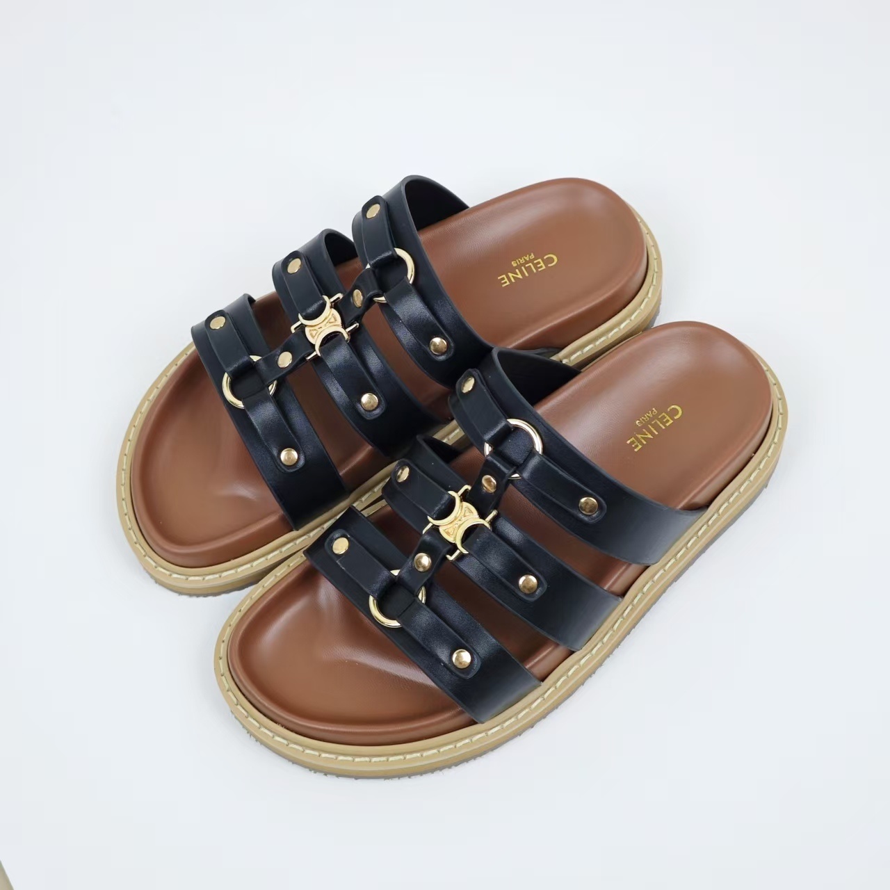 Celine Triomphe Leather Strap Sandals