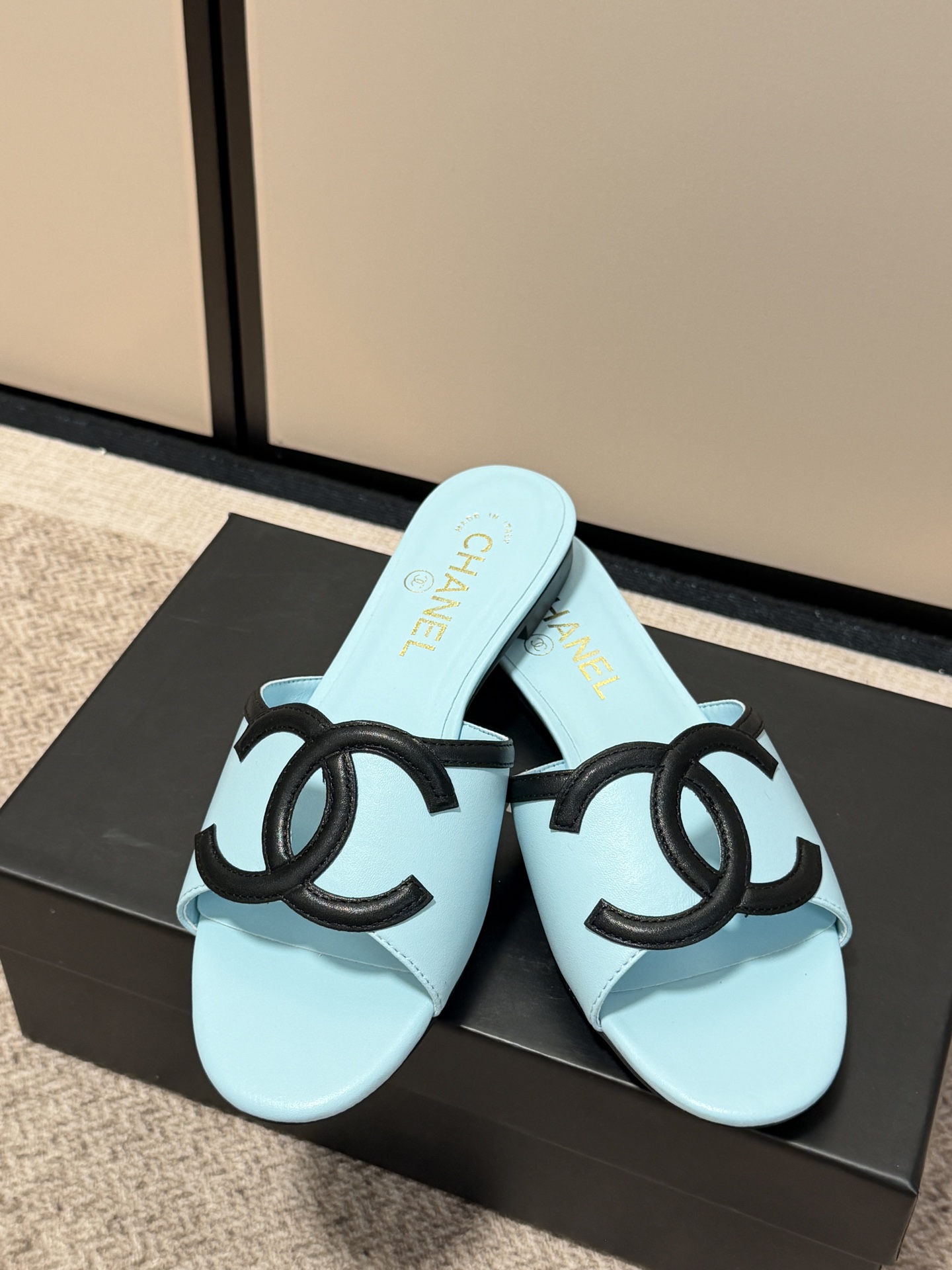 Chanel Cutout Double-C Slide Sandals - Light Blue detail 1