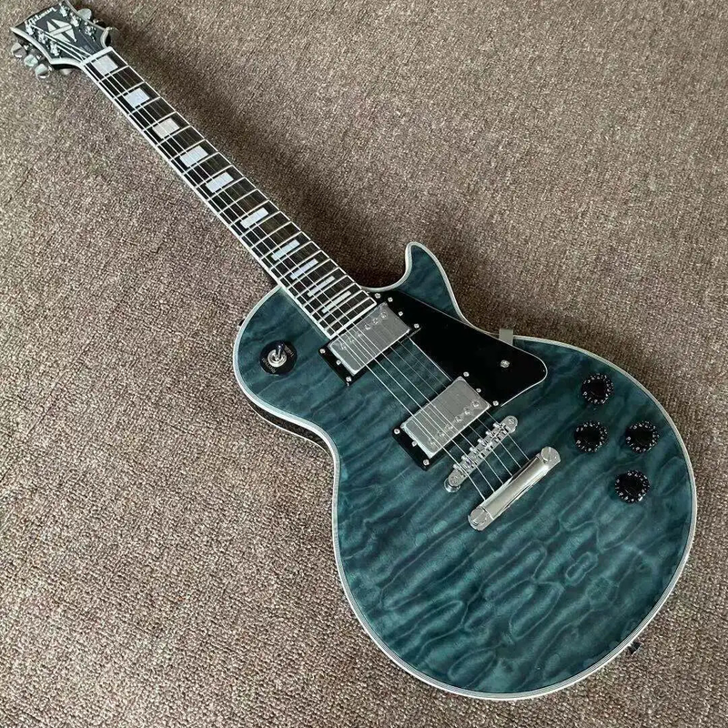 New Customized Electric Guitar Black Blue Flame Maple Top Guitar Chrome Hardware