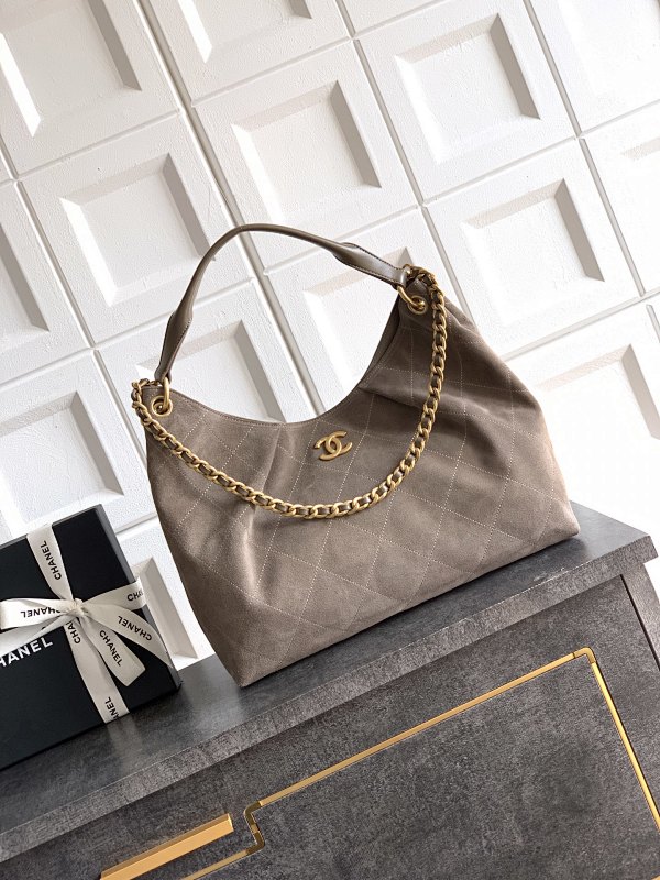 Chanel Suede Hobo Bag Warm Grey