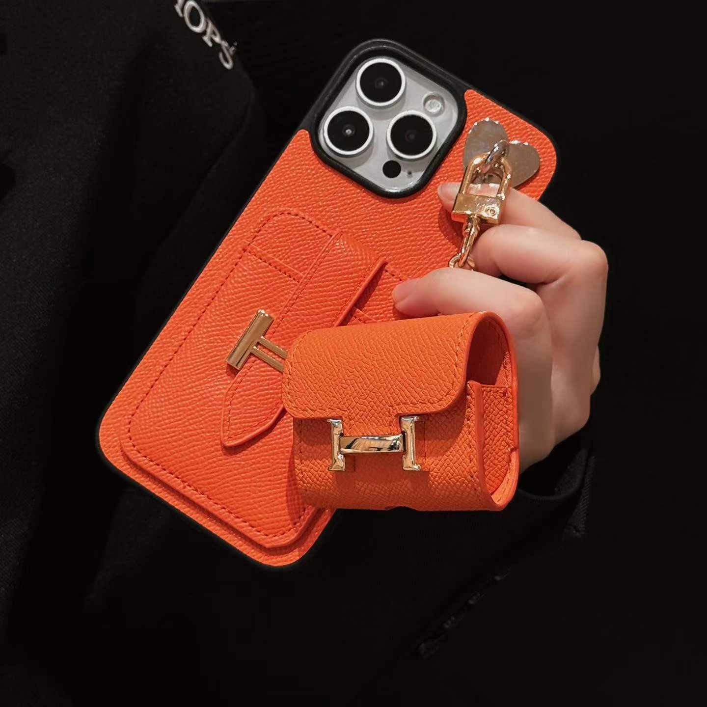 Textured Leather Card Pocket Phone Case With Mini Storage Bag Pendant For iPhone Series